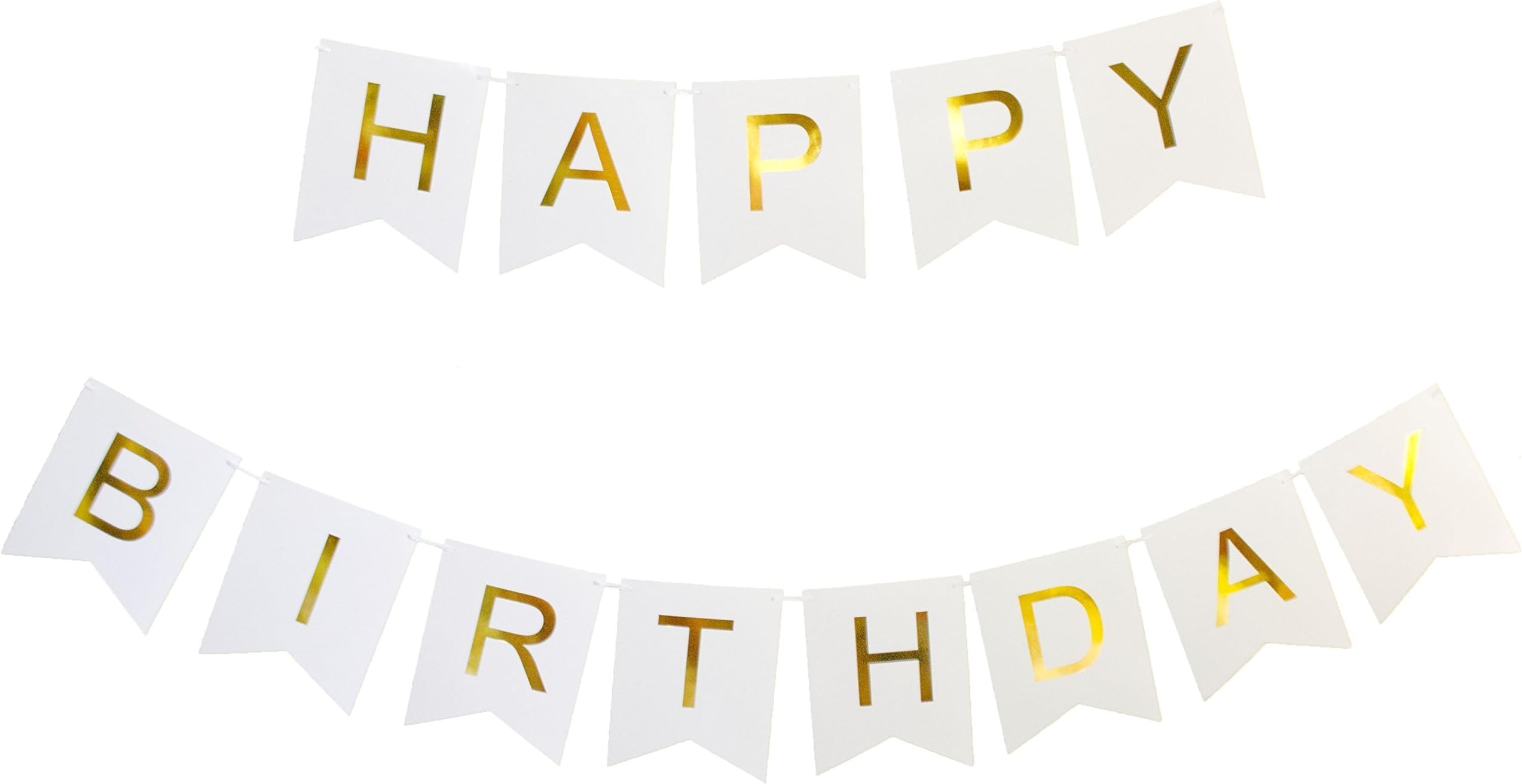 Happy Birthday Banner, White and Gold . Chic, Durable & Versatile, time saving pre-strung birthday decorations.