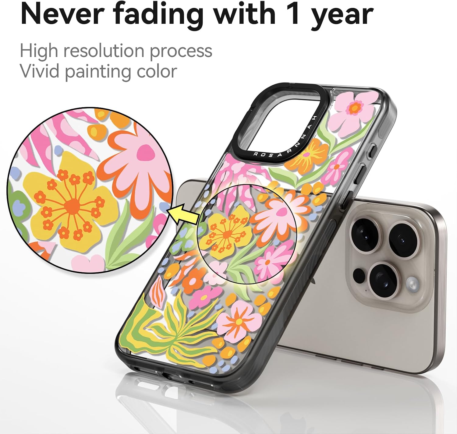 Compatible for iPhone 15 Pro Max Case Cute Aesthetic - Durable Shockproof 6.6 ft Drop Impact Phone Case Cover with Funny Fashion Passion Flower 6.7" Black