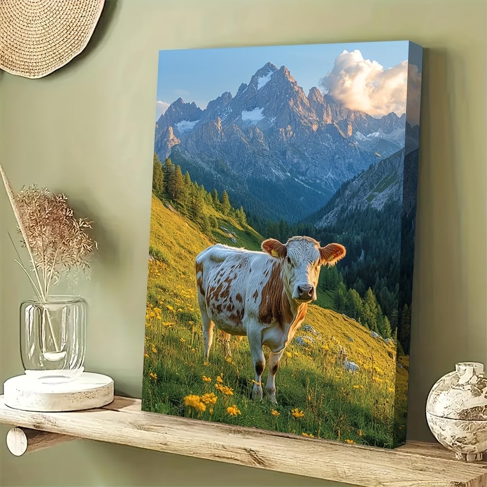 Obraz ścienny z motywem krowy w Dolomitach, obraz ścienny z motywem krowy, do salonu, korytarza (50 x 60 cm/z ramą)