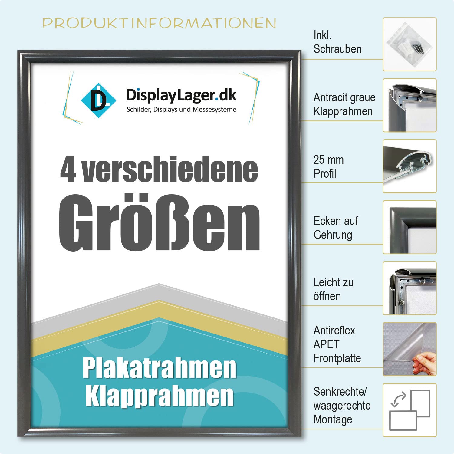 DisplayLager Zestaw 5 sztuk, antracytowo-szare, DIN A3, składana rama z profilem aluminiowym 25 mm, antyodblaskowa szyba, materiał mocujący