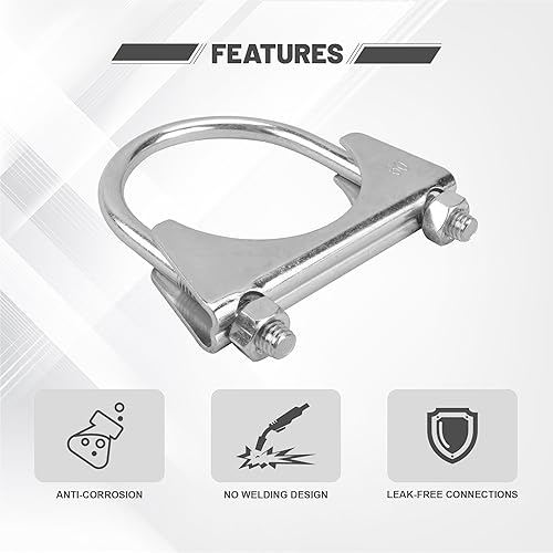 Miniatura 2 de Abrazadera de tubo de escape en forma de U de 2.25 pulgadas, abrazaderas de escape de silenciador de acero inoxidable con capa antioxidante, paquete