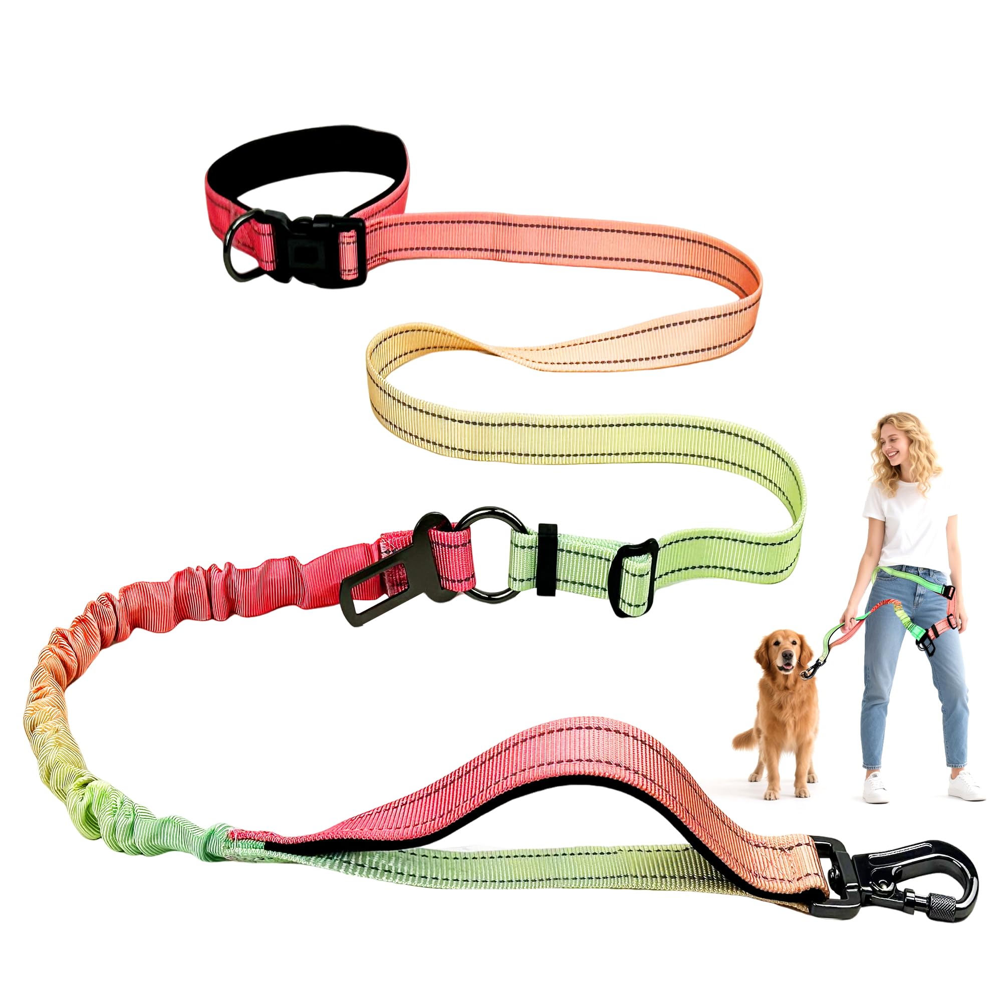 Hands Free Dog Leash for Large Medium Dogs – Bungee No Pull Running Leash with Dual Padded Handles, Reflective Nylon, Adjustable Waist Belt, Seatbelt Clip for Walking, Jogging, Hiking (PinkGreen)