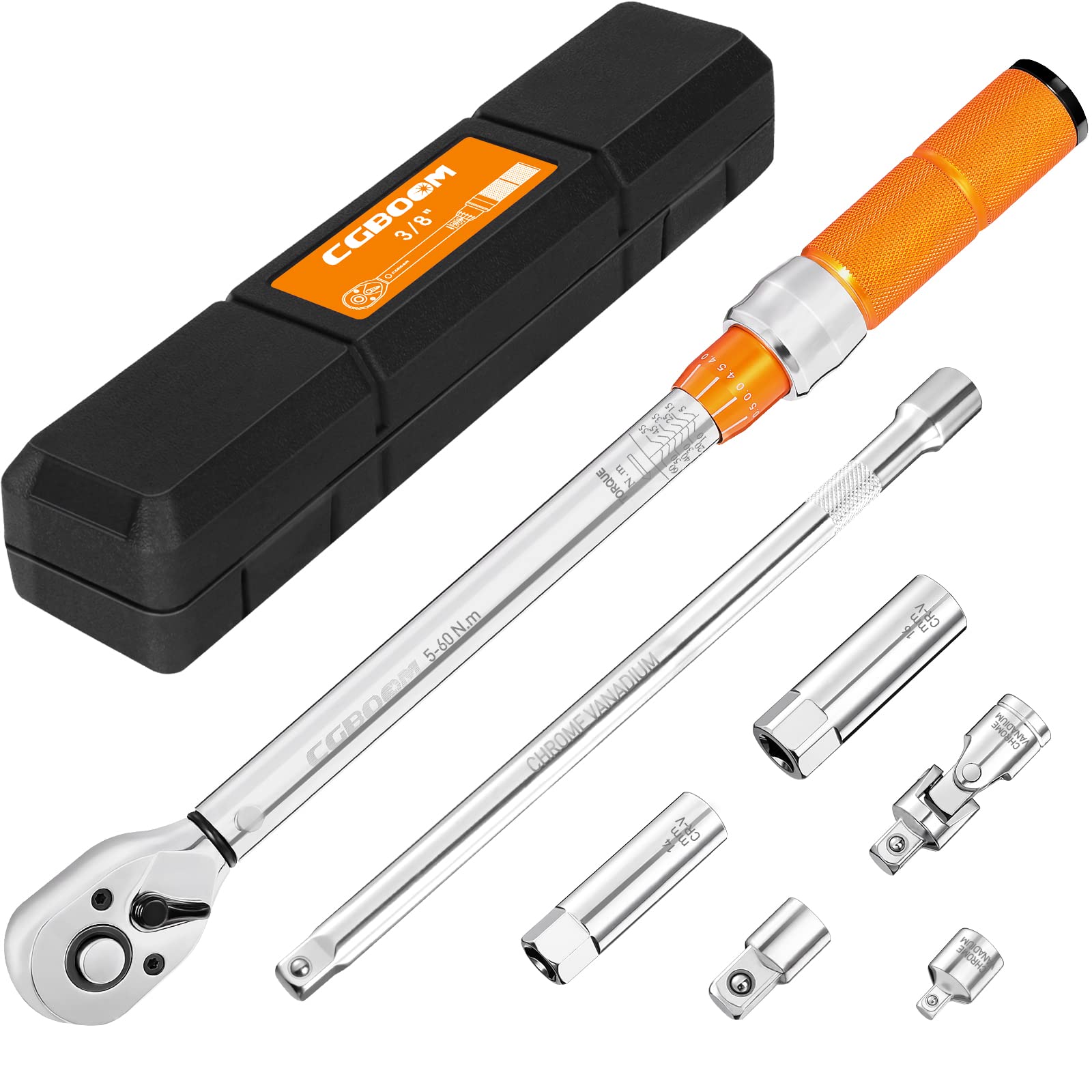 CGBOOM Llave dinamométrica 3/8", 5-60 Nm, juego de llaves dinamométricas para coche, bicicleta y motocicleta, extensión de 250 mm, articulación universal