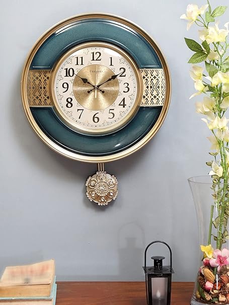 @home by Nilkamal Pendulum Wall Clock |Used as Wall d cor|Ideal for Living Room, Bedroom, Office| Size - 53 x 41 cm| Pack of 1 Clock with Pendulum| Blue & Gold