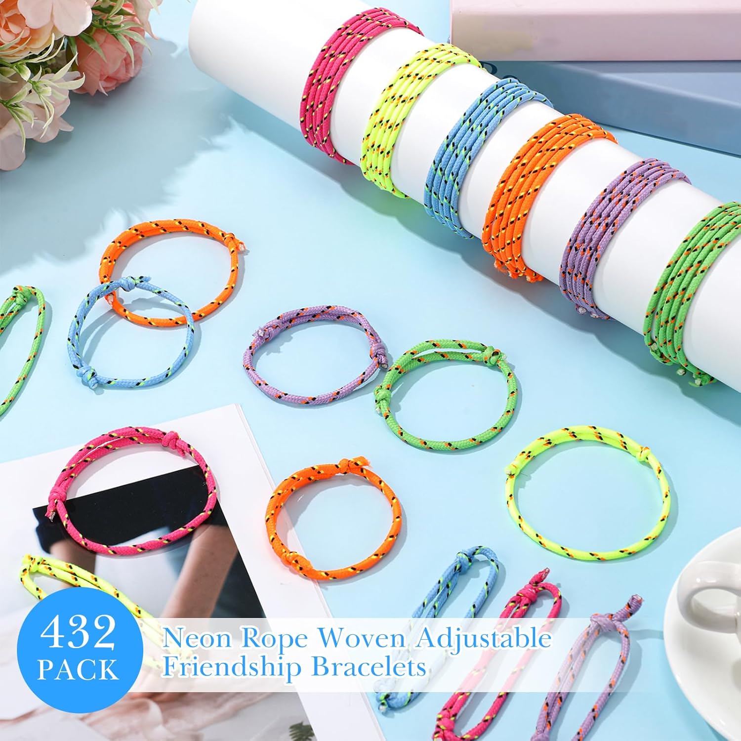 Janinka Friendship Bracelets for Kids Neon Adjustable Paracord Bracelets Bulk Woven Rope Classroom Prizes for Students Girls Boys Goodie Bag Stuffers Back to School Party Favors