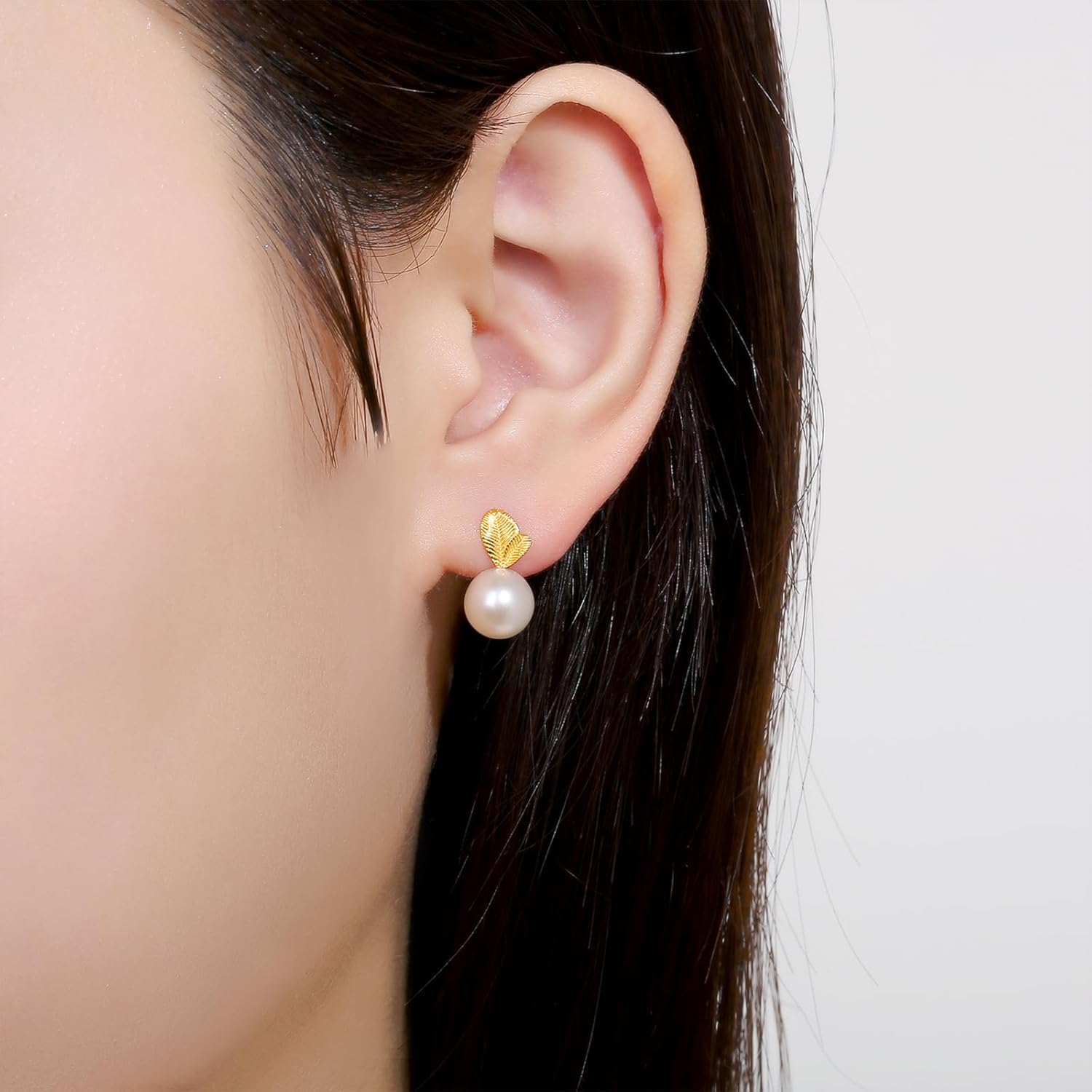 18K Gold Earrings Pearl Drop Earrings Studs Yellow Gold Women Stud Earrings Leaf Studs for Women Her KHPB095120