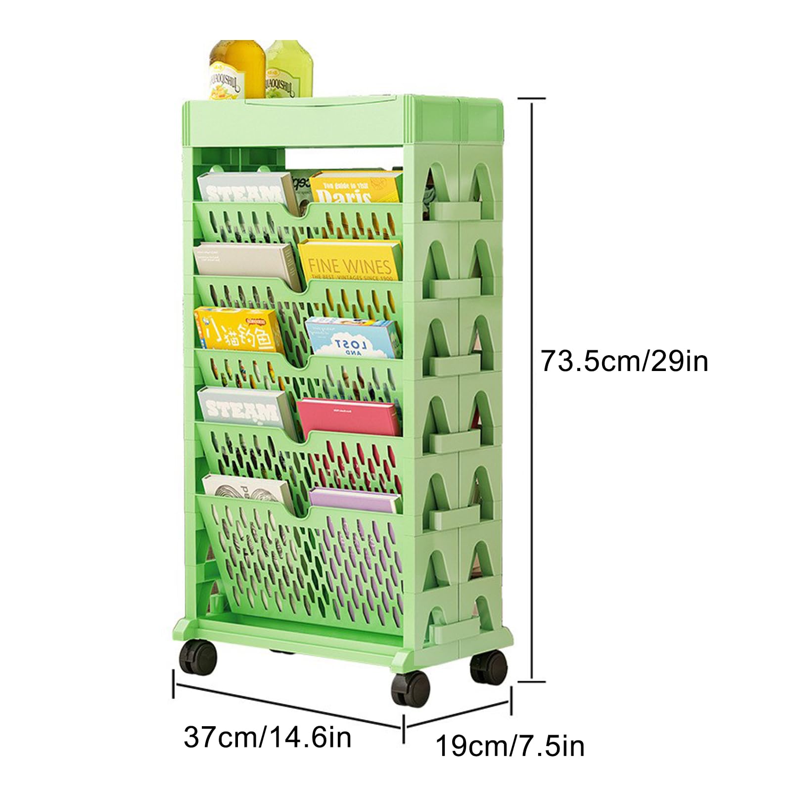 Blanketswarm Rollbarer Bücherwagen mit 5 Etagen, Mobiles Bücherregal, Bewegliches Bücherregal, Rollendes Bücherregal, Organizer, Bücherwagen, Schmaler Rollender Aufbewahrungswagen für Büro,(Grün)