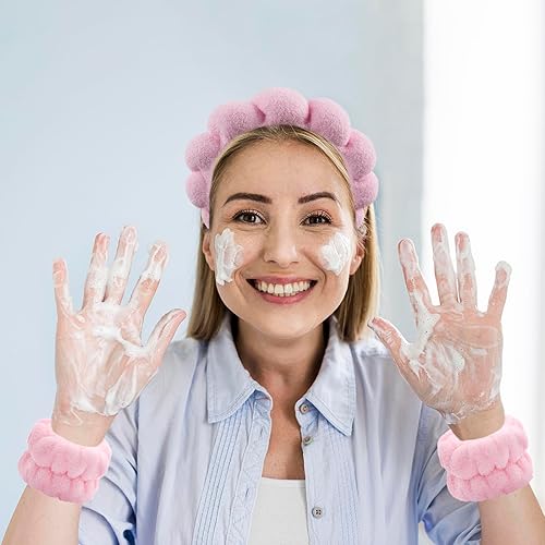 Miniatura 4 de Diadema de maquillaje, diadema de spa para lavar la cara, paquete de 6 diademas y pulseras para el cuidado de la piel, diademas de tela de toalla de