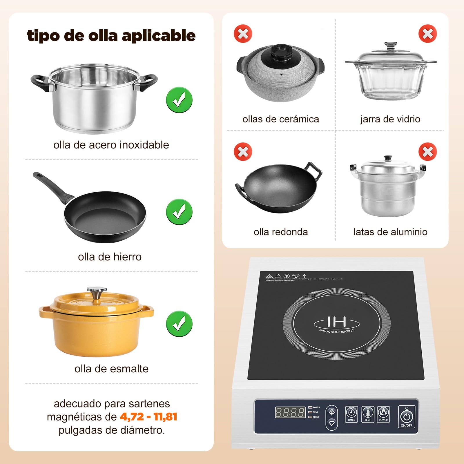 Placa de Inducción, 3500W 35cm Cocina Eléctrica de Inducción, 75kg Grande Profesional Placa de Inducción, 1 Placa Para Diámetro de 12 – 30 cm Acero Inoxidable, Esmaltado, Ollas de Hierro