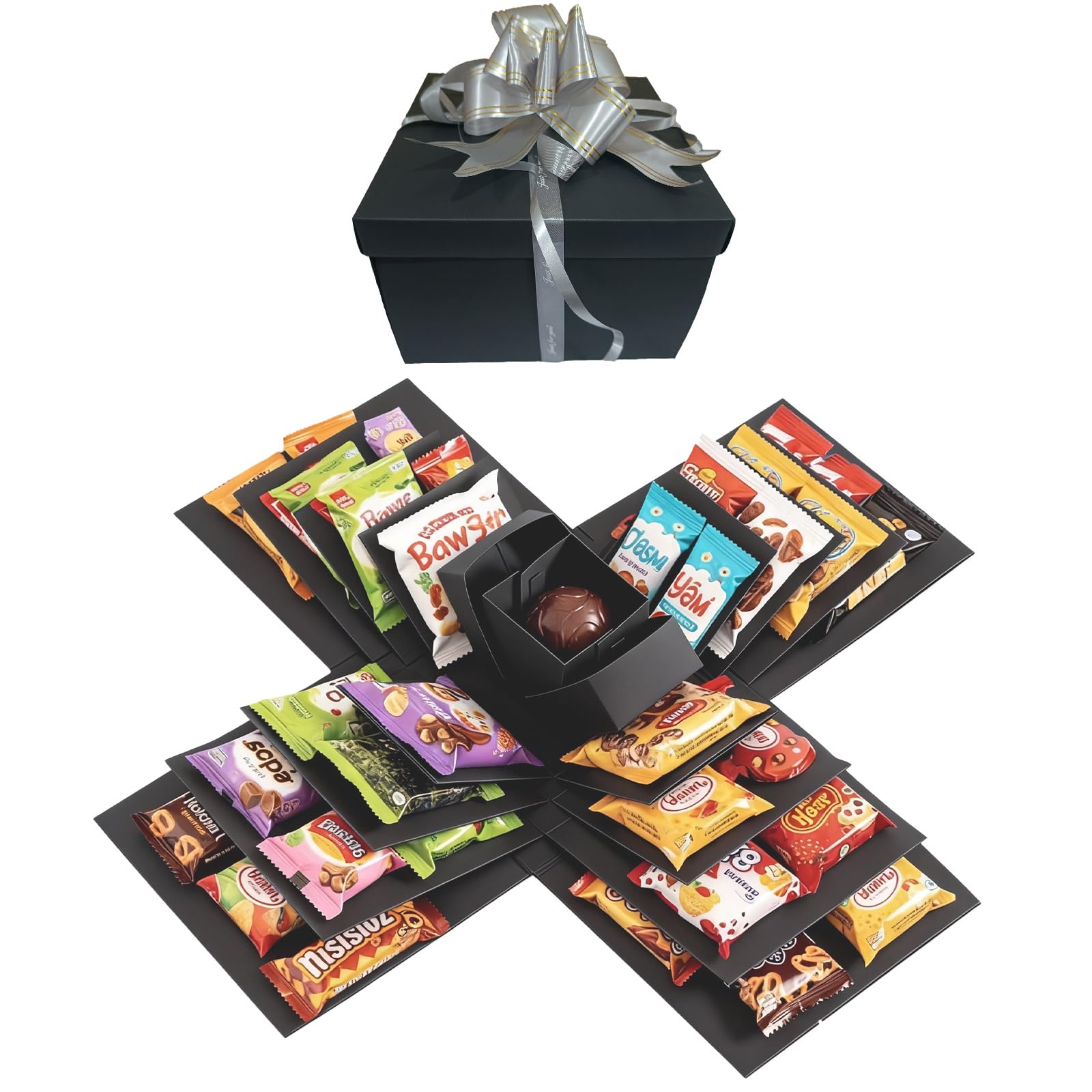 DIY Explosion Gift Box, 5 Layer Snack Surprise Explosion Box with tape and ribbon, photo gifts, Creative Explosion Boxes for Anniversary, Birthday, Wedding, Valentine's Day (Black)