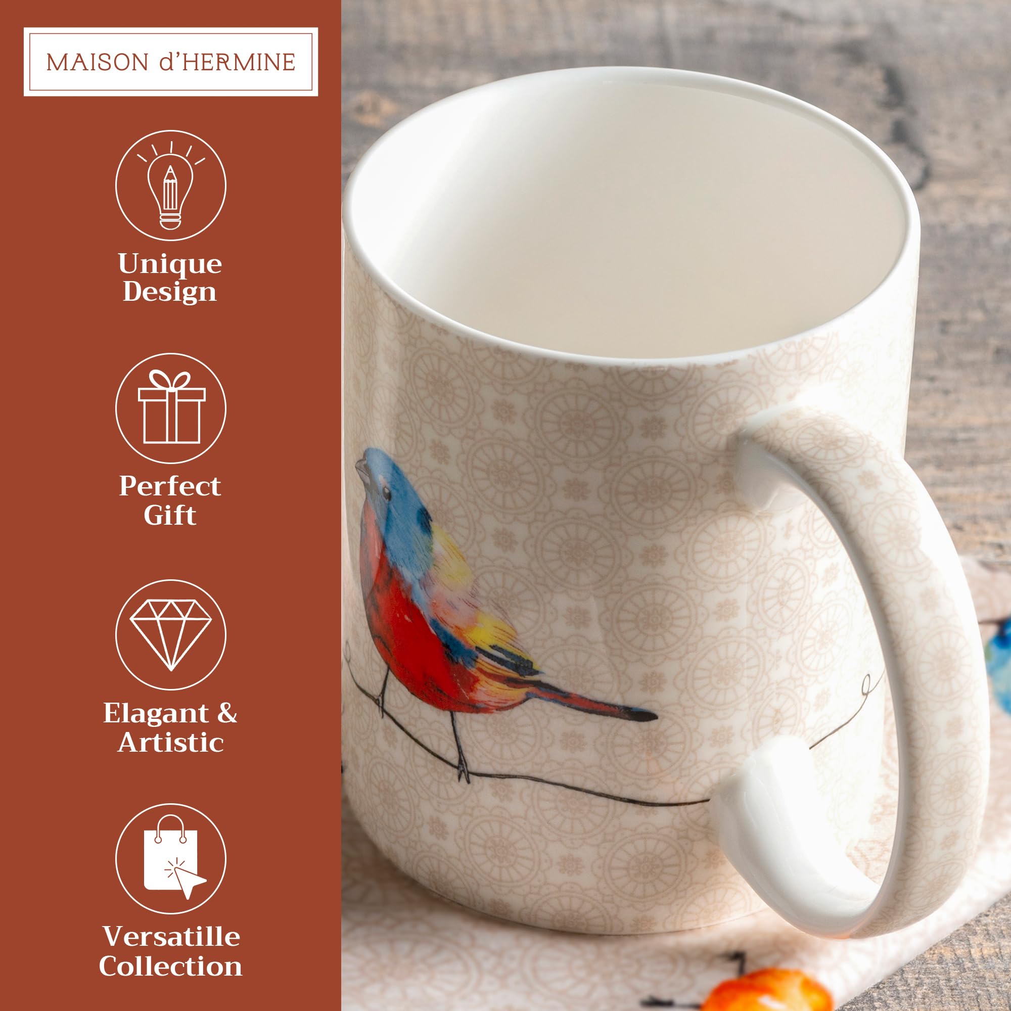 Amazon.com | Maison d' Hermine Coffee Mug with Handles Fine Bone China Mugs  Pack of One Tea Cups for Hot Beverages Cappuccino Latte Home Restaurant  Hotel Spring Summer (Birdies on Wire -
