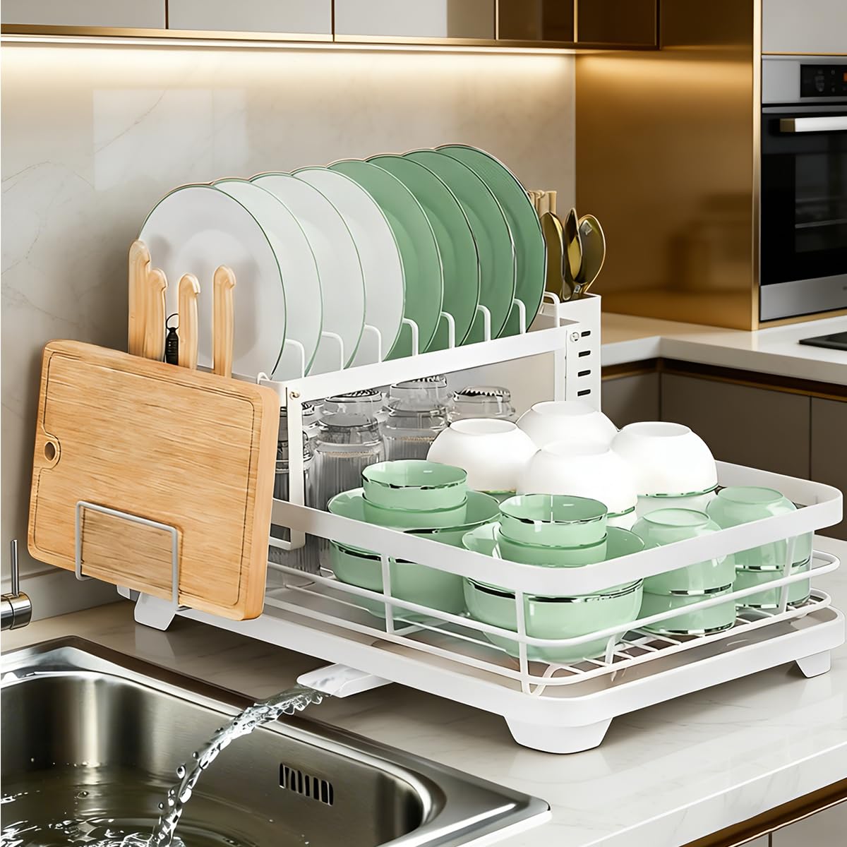 Mialgorithm White 2 Tier Dish Drainer Rack, Dish Drying Rack, With Drainboard, Rustproof For Kitchen Counter, Large Capacity Dish Organiser With 360° Swivel Spout, Cutlery Holder & Cup Rack, Tool-Free Assembly,