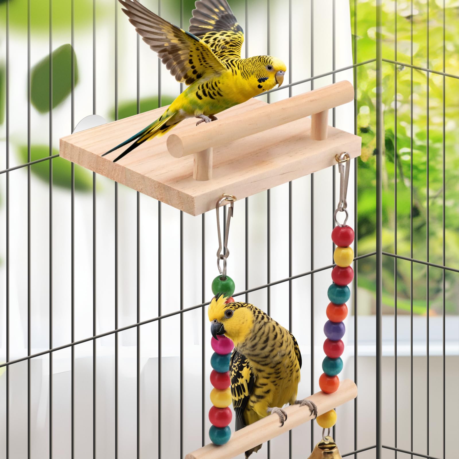 Natural Wood Bird Perch Swing - Cage Platform for Budgies, Cockatiels, Parakeets & Small Birds - Adjustable Play Rest Gym - image 7
