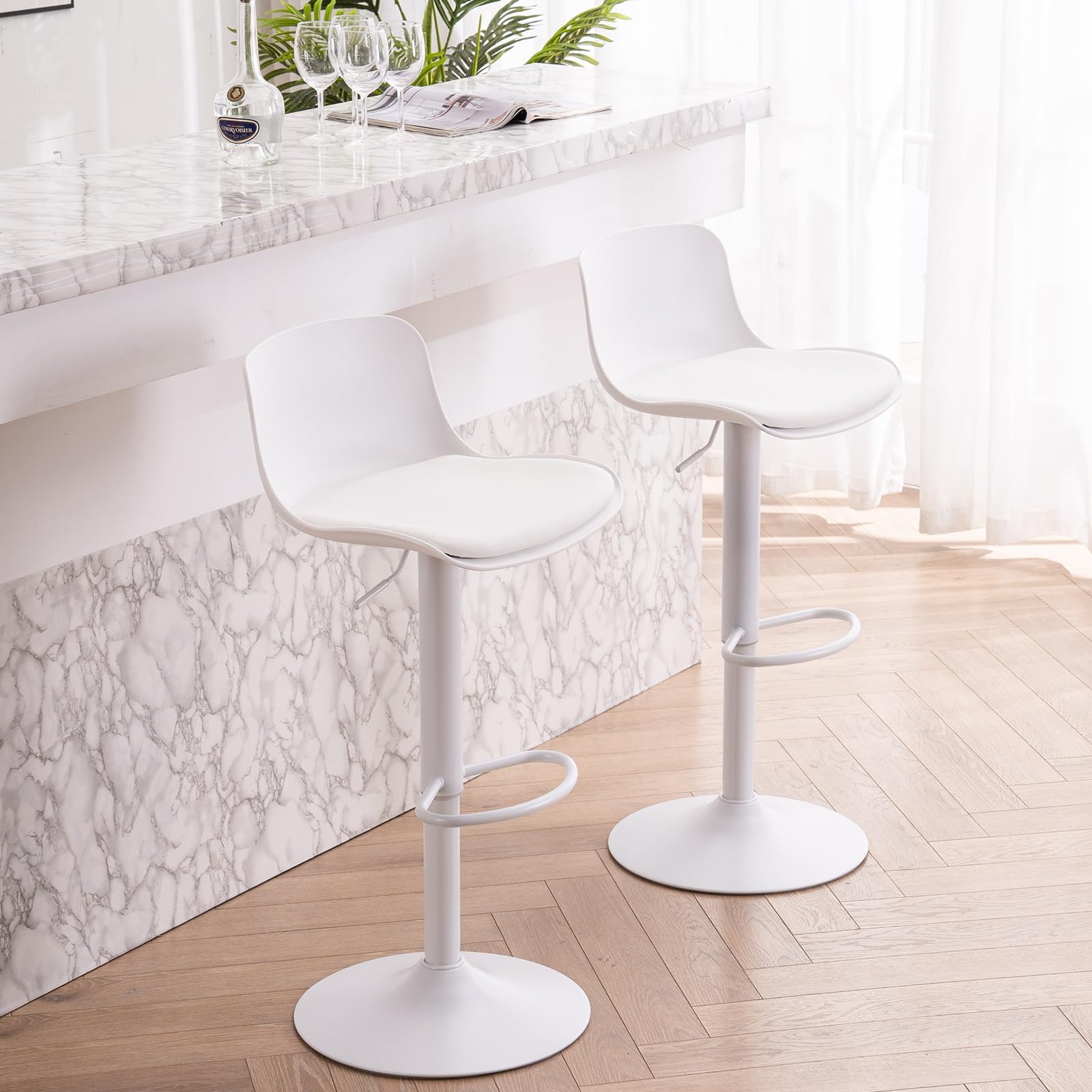 YOUNIKE Juego de 2 Taburete Alto para Cocina Taburetes de Bar Altura Regulable y Giratorio 360°, con reposapiés, Silla Alta de Taburete de Bar Moderna para Cocina de Bar, Blanco
