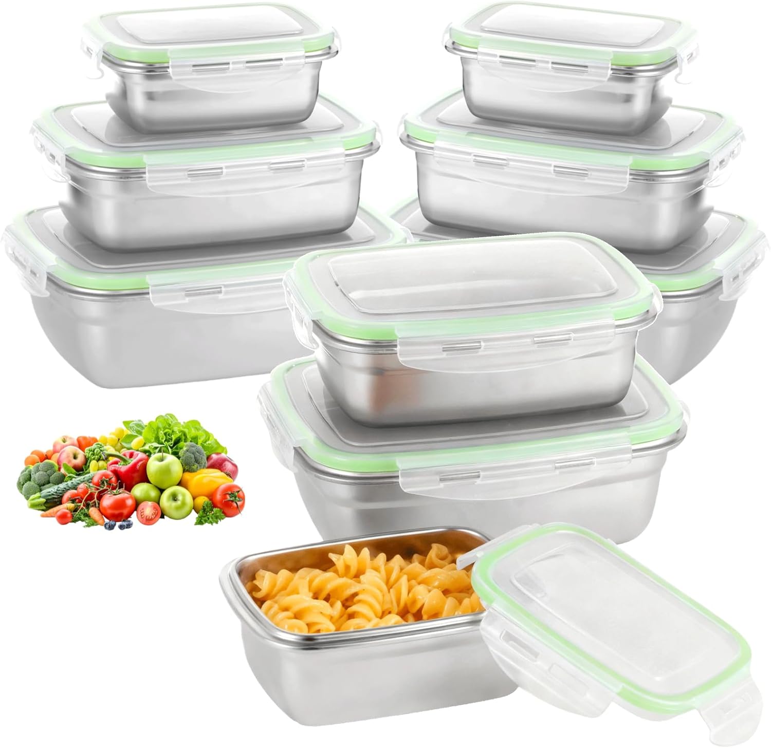Leakproof Lunch Boxes with Airtight Lids, 9 Pcs Stainless Steel Food Storage Containers, Stackable and Nestable Meal Prep Food Containers, Oven/Dishwasher/Freezer Safe