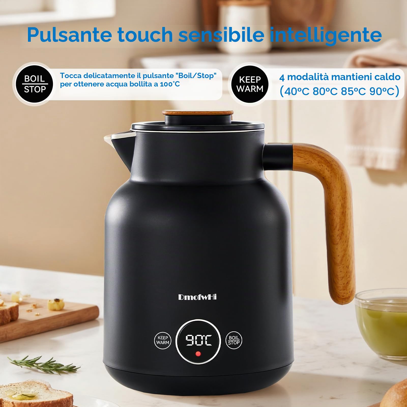 DmofwHi Bollitore Elettrico 1 Litro Acciaio Inox, 1000 W, Display Digitale, 5 Livelli di Temperatura, Funzione di Mantenimento del Calore 4H, Doppia Parete, Ideale per Caffè e Tè in Ufficio – Nero