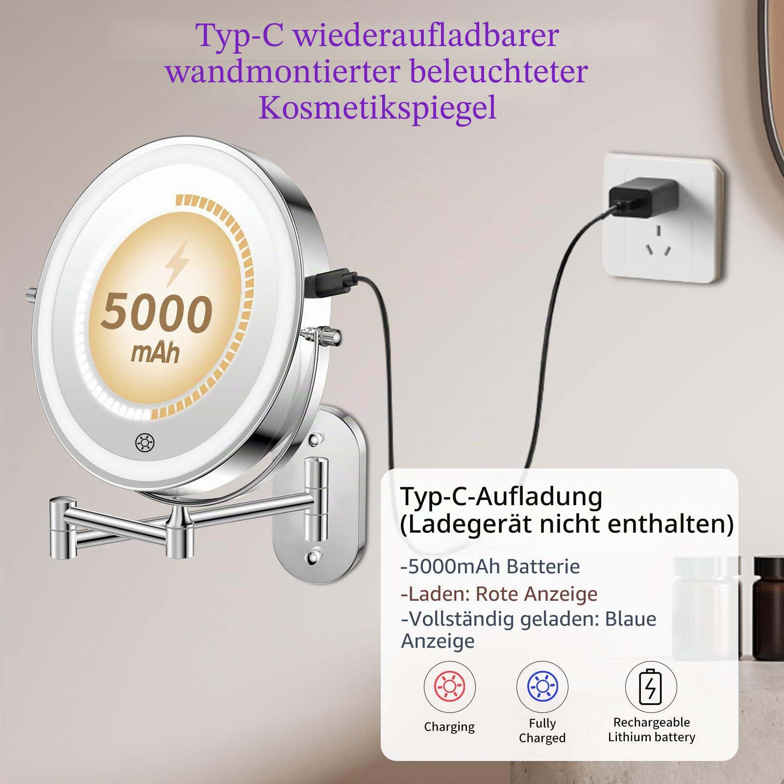 FUNTOUCH 4000mAh Wiederaufladbar Kosmetikspiegel mit Beleuchtetung, 1X 30X Spiegel Vergrößerung Wandmontage, Dimmbarer Rasierspiegel 3 Farben, Touchscreen, 360° Drehbar, Schminkspiegel für Badezimmer