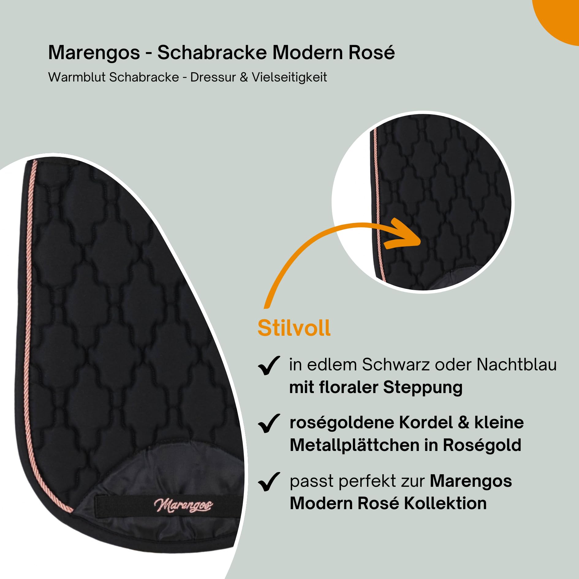Marengos Schabracke Modern Rosé Warmblut mit Schaumstoff-Füllung Tasche Polsterung Widerrist Barockschabracke floraler Steppung Zierkordel Dressur Vielseitigkeit