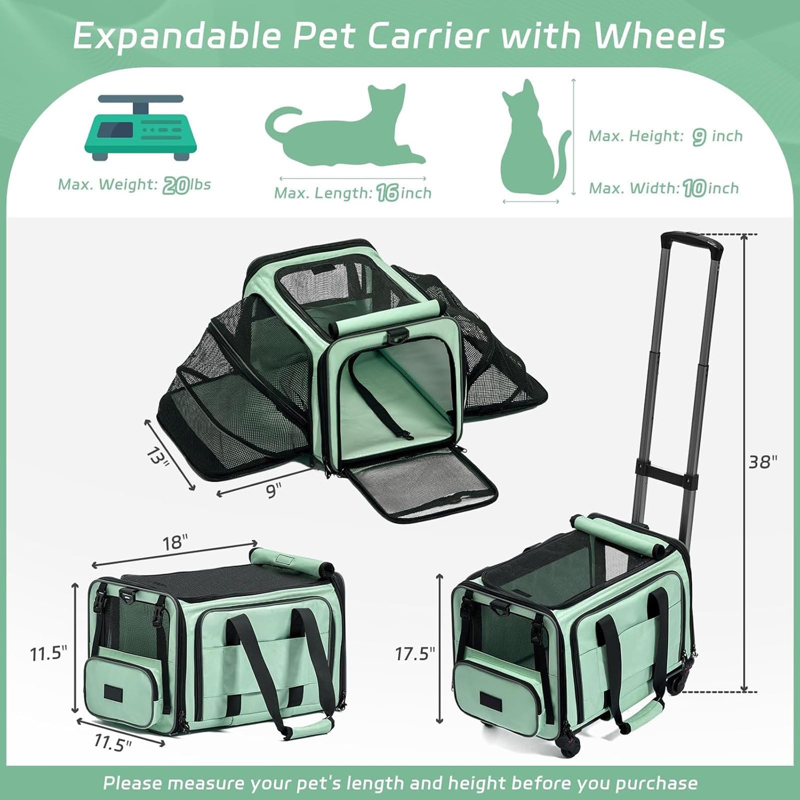 Transportín para Mascotas con Ruedas Aprobado por aerolíneas, transportador expandible con Ruedas para Perros y Gatos medianos