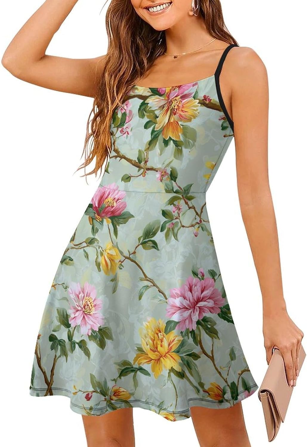 Green Flowers Short Cami Dress for Women Adjustable Spaghetti Strap Flowy Sundress Beach Vacation