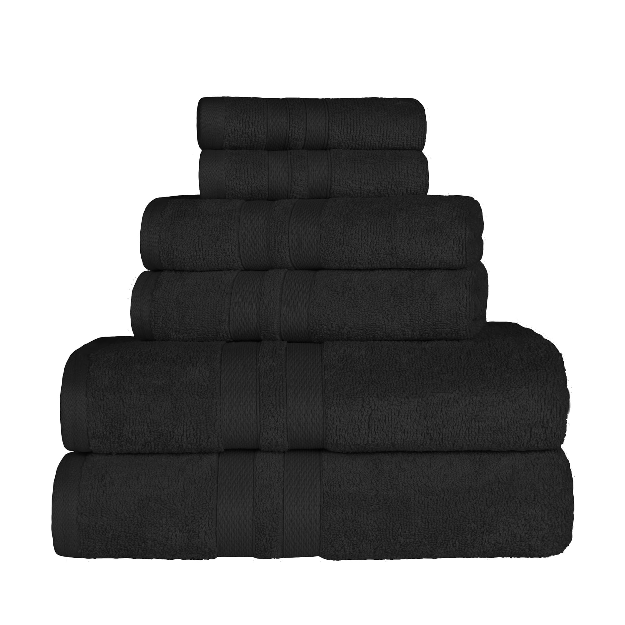 Superior Juego de 6 Toallas Lisas de algodón de Secado rápido, paños de 13 x 13 Pulgadas, Toallas de Mano de 16 x 30 Pulgadas, Toallas de baño de 30 x 52 Pulgadas, Color Negro, 6 Piezas