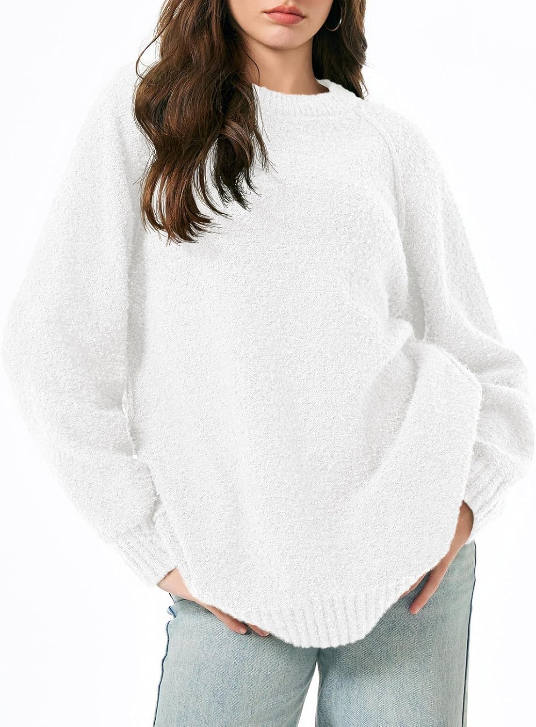 Saodimallsu Womens Oversized Sweater 2025 Fall Trendy Fuzzy Crew Neck Long Sleeve Casual Tunic Sweaters - Image 2