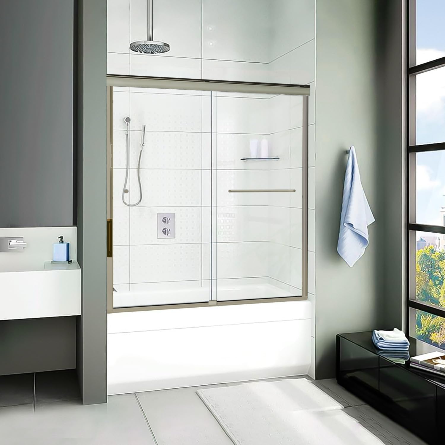 Bypass Sliding Tub Shower Door Sorrento Economy Series Adjustable 56"-60" Width 62" Height - Semi-Frameless Brushed Nickel Finish - 1/4" Clear Tempered Glass Smart Guard Easy Clean Coating