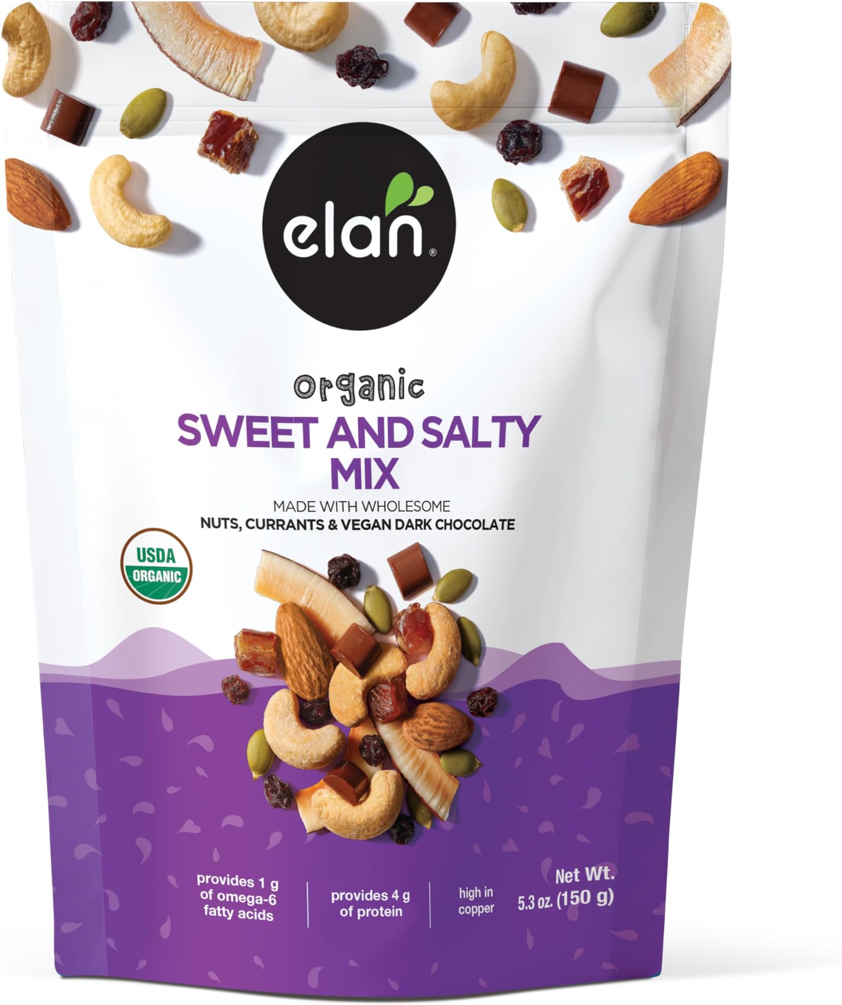 Elan Organic Sweet & Salty Mix, 5.3 oz, Non-GMO, Gluten-Free, Vegan, Kosher, Vegan Dark Chocolate, Dried Fruits (Raisins, Dates), Nuts (Roasted Cashews, Roasted Almonds) & Pumpkin Seeds