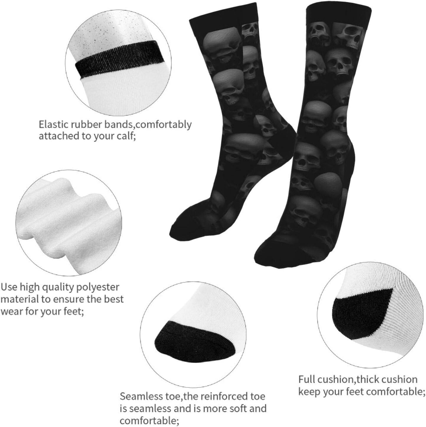Black Skull Head Novelty Crew Socks Cozy Cool For Women & Men Sock, Black and White1, 5.5-12 - Image 7