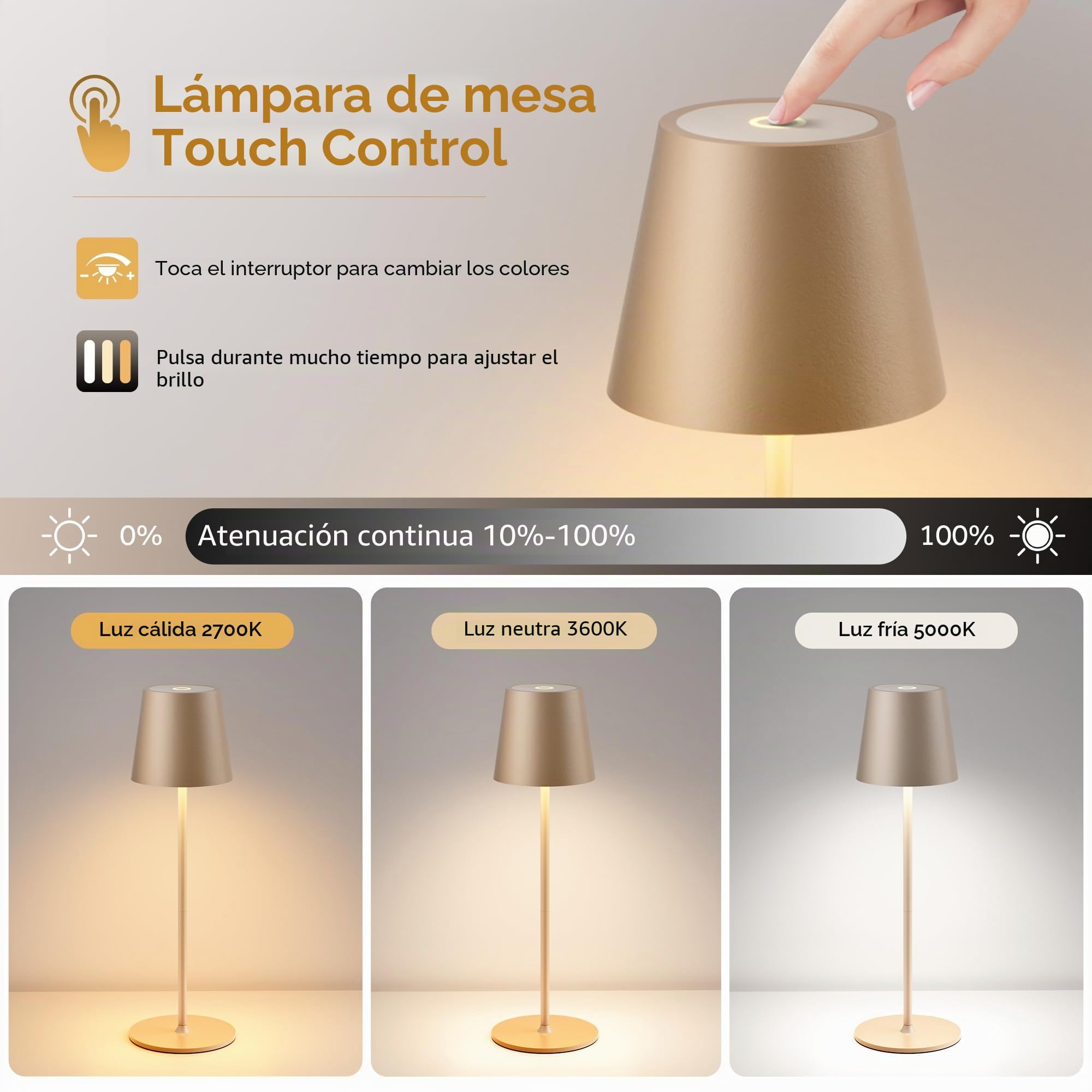 2 Piezas Lámpara de Mesa Inalámbrica Recargable,de Escritorio Beige | IP54 Lámpara 5200mAh Táctil USB-C Beige para Comedor, Dormitorio, Salón, Jardín, Terraza y Camping