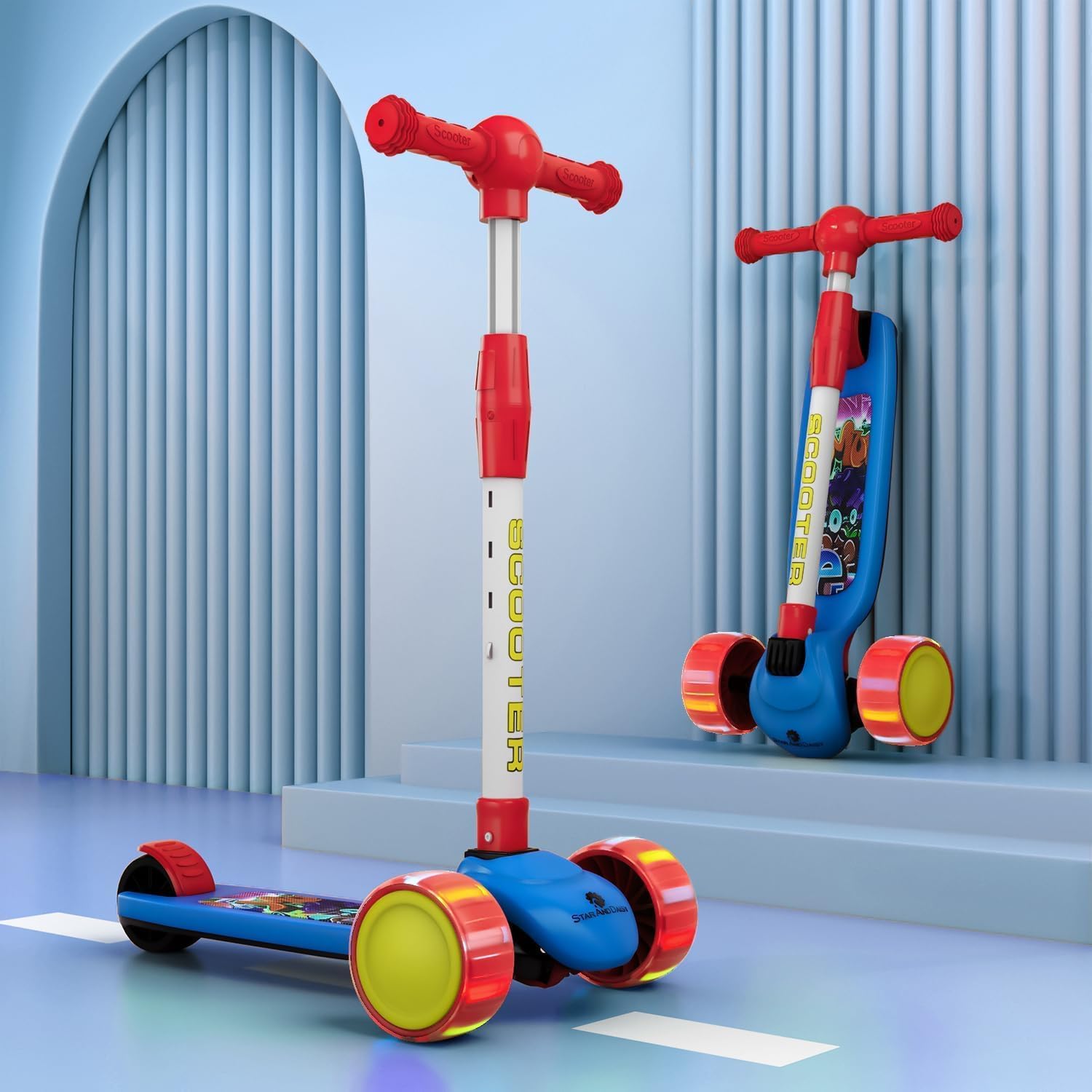 StarAndDaisy Kids Kick Scooter for Kids 3+ Years / 3-Wheels Kid Scooter with LED Light, 4-Level Height Adjustable Handle Bar with Easy Foldable Design, Extra-Wide Deck & Rear Break -Red-image-19