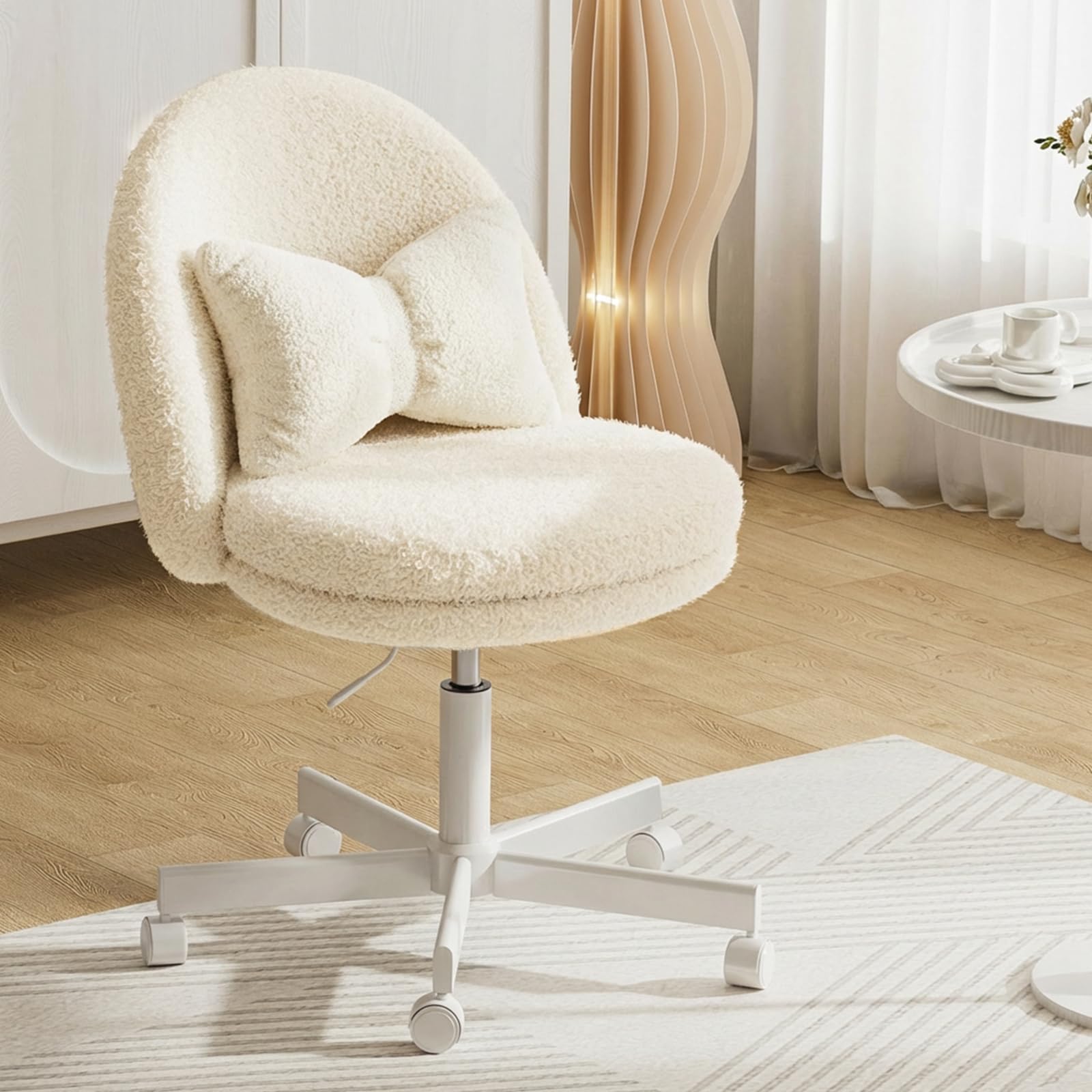 COMHOMA Office Desk Chair with Wheels Vanity Dressing Table Chairs Swivel Armless Height Adjustable Foam Padded Bedroom Makeup Chair, Teddy, White