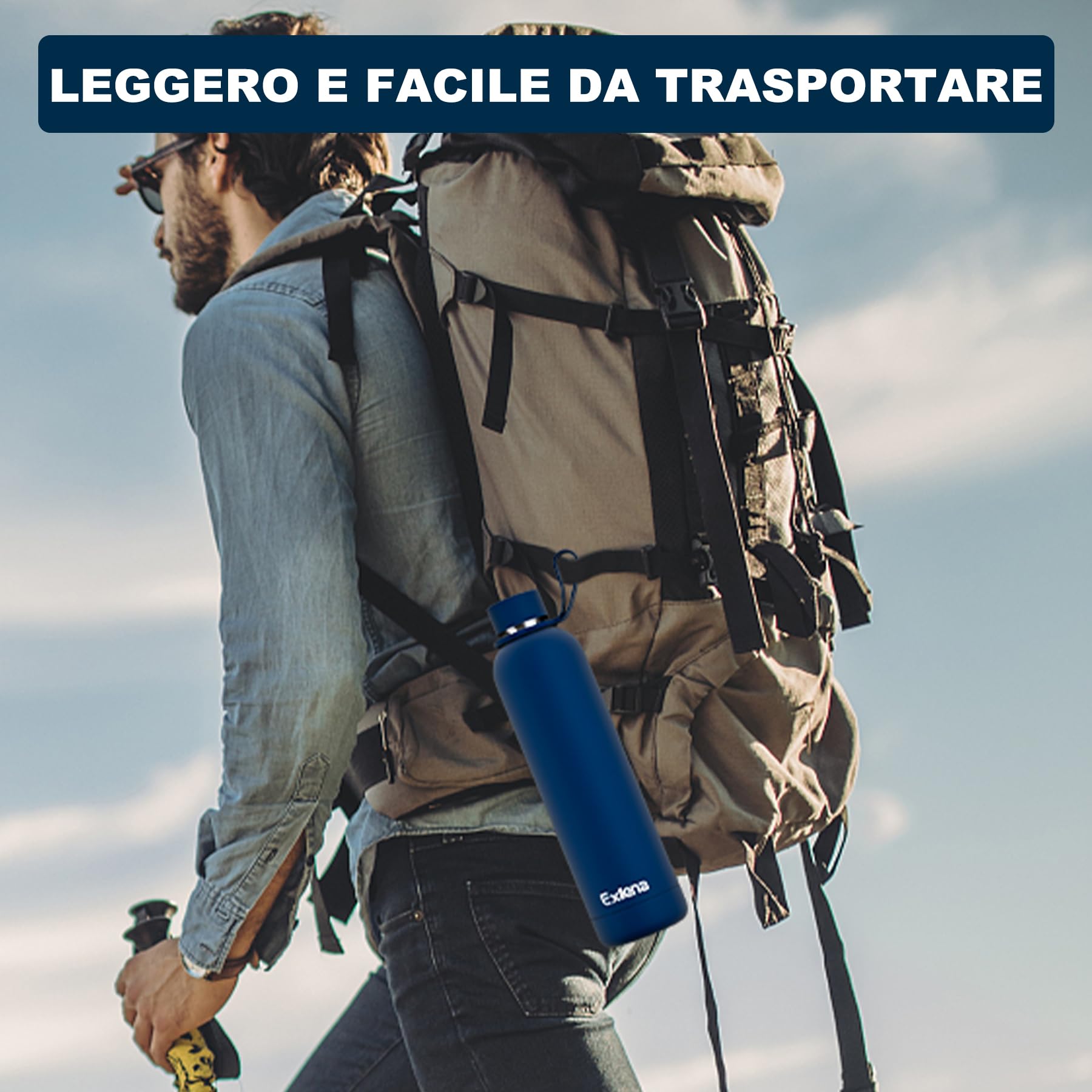 Exllena Borraccia Termica 1 Litro - Bottiglia Termica Doppio Vuoto Mantenere Calore/Freddo - Senza BPA - 100% A Tenuta Stagna con Anello per Tote (Blu Navy)
