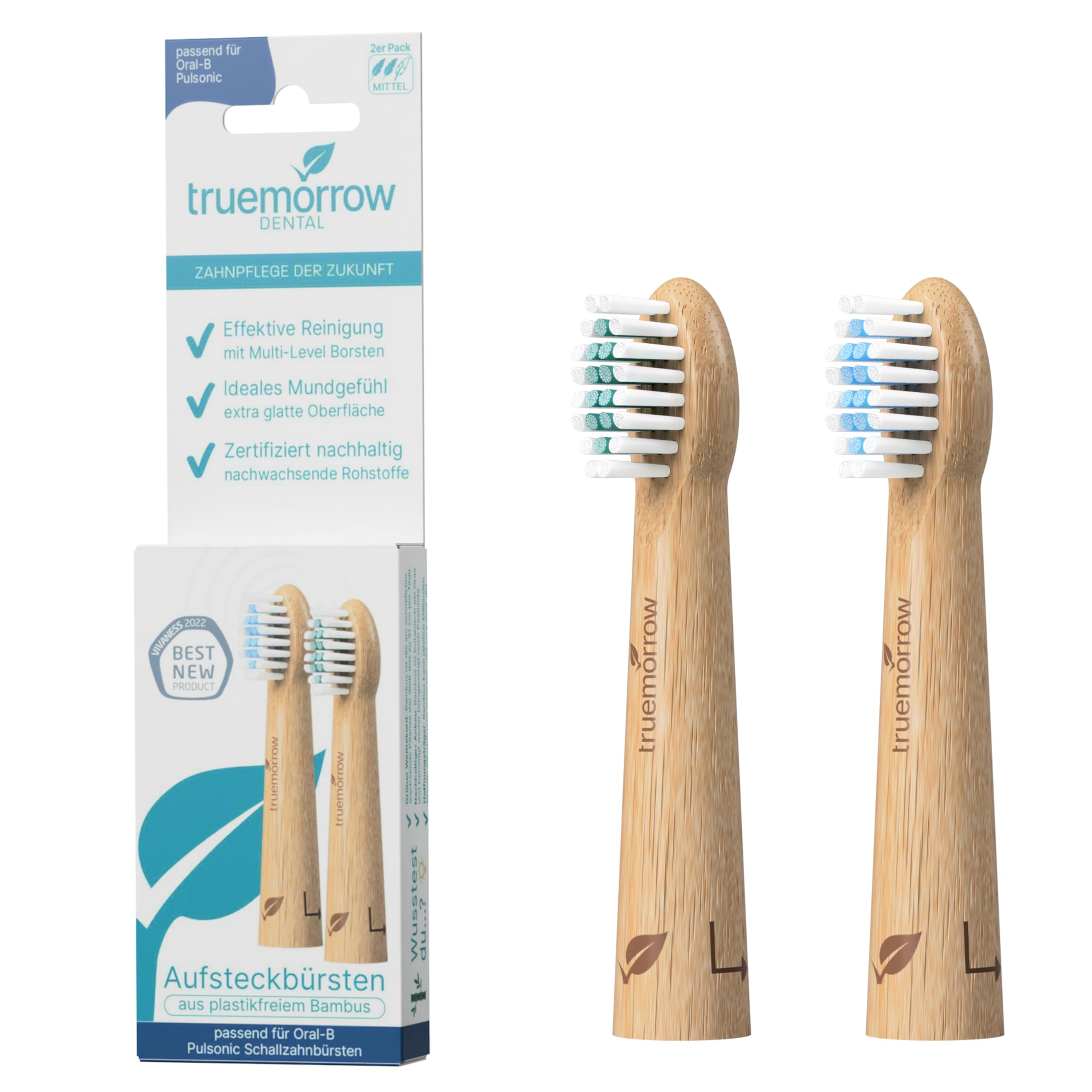 truemorrow Nachhaltige Aufsteckbrsten aus Bambus fr Oral B Pulsonic  Schallzahnbrste | 2 Stck | plastikfreier biologisch abbaubarer Griff |  vegan ...