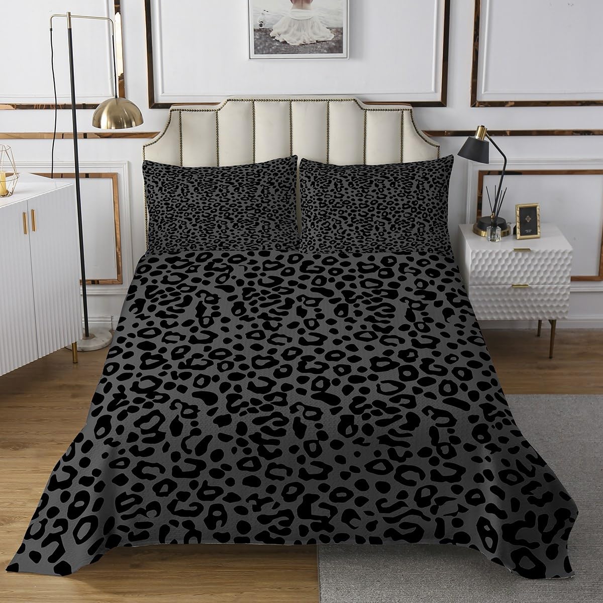 jejeloiu Black Gray Leopard Bedspread for Girls Boys Kids Queen Size Cheetah Coverlet Set Animal Print Quilted Coverlet Safari Room Decor Breathable Soft Lightweight