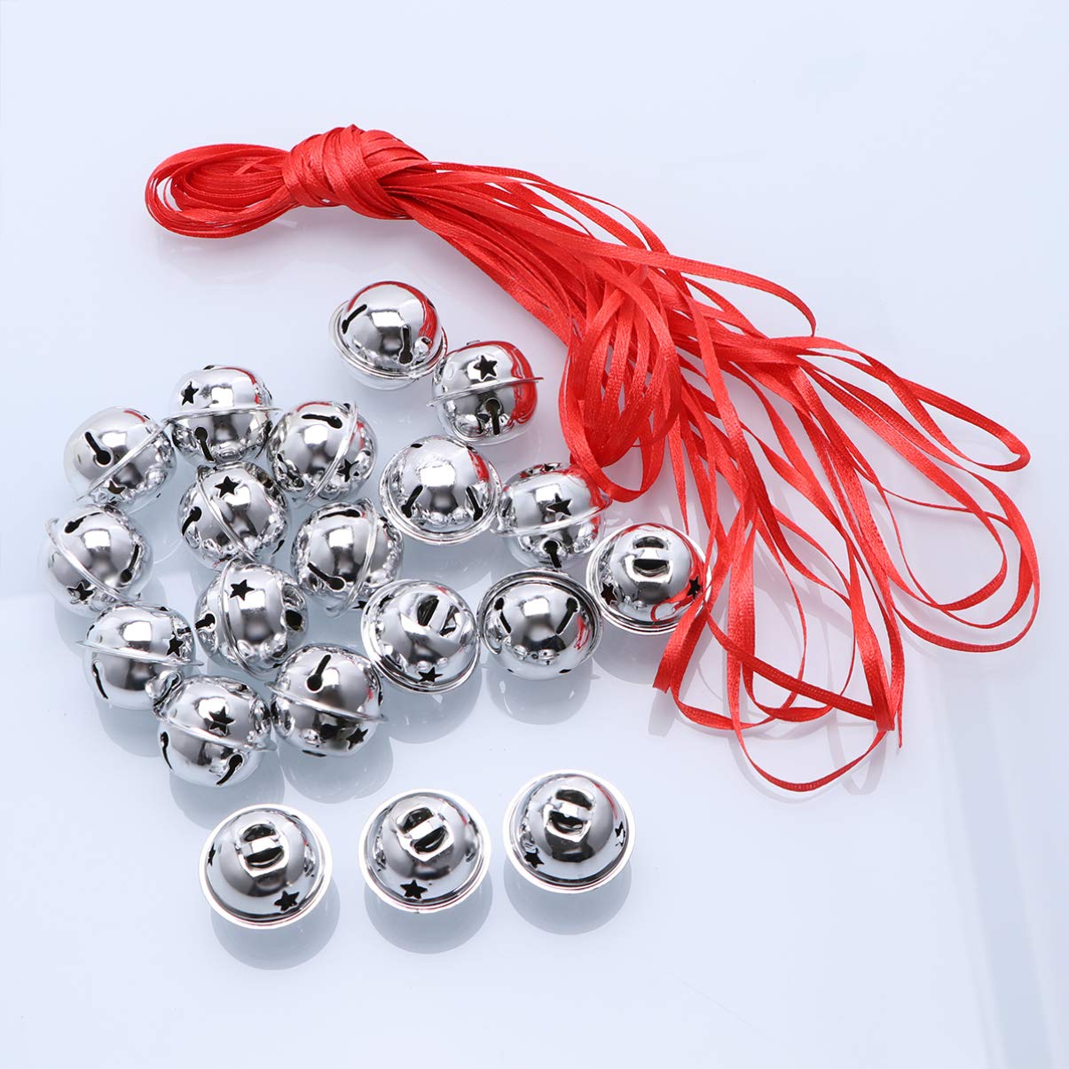 Amosfun 20 Mini Christmas Bells With Star Cutouts, Tree Decoration Ornaments for Holiday Craft Decorations With 10 m Ribbon - Image 4