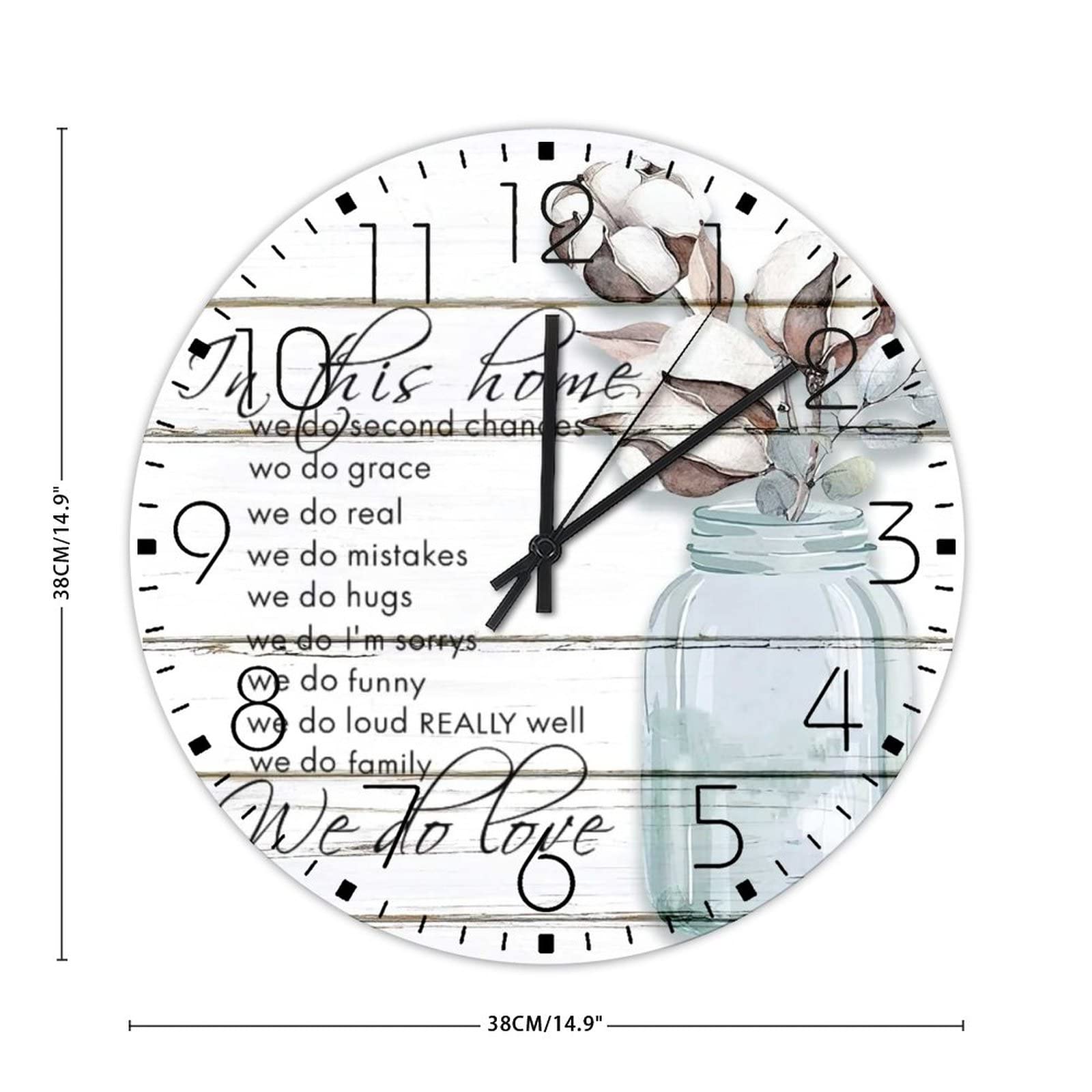 Wood Wall Clocks Non-Ticking Sweep Movement in This Home We Do Chances Rustic Wall Clocks Cotton Blooms Floral Home Decor for Study Room Patio Exercise Room 15x15 Inch