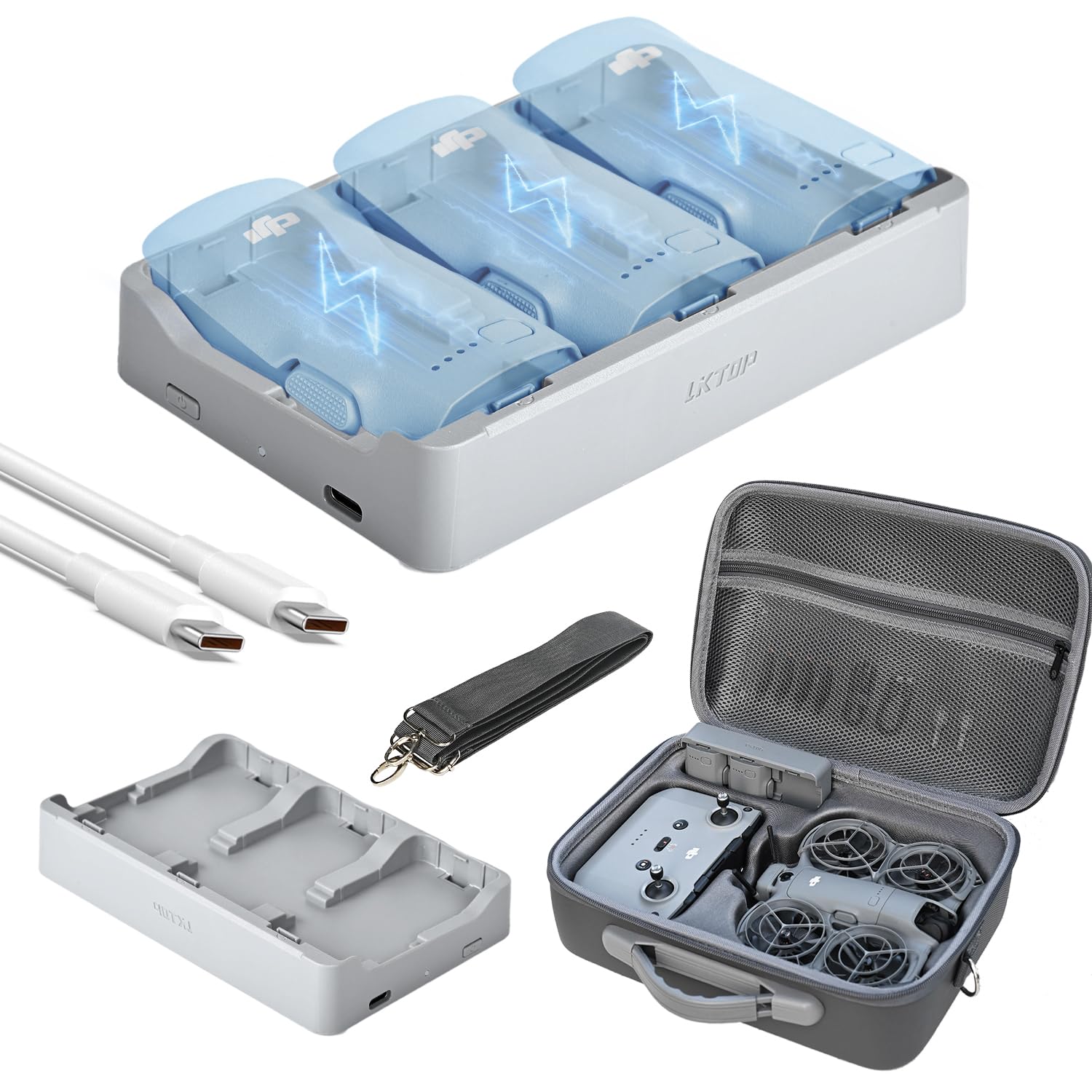 LKTOP 65W Neo 2 Charging Hub+Carrying Case for DJI Neo 2 Drone Fly More Combo Accessories, Fast Battery Charger Parallel Power Adapter PU Leather Storage Bag with Strap (Charge 3 Batteries: 46min)