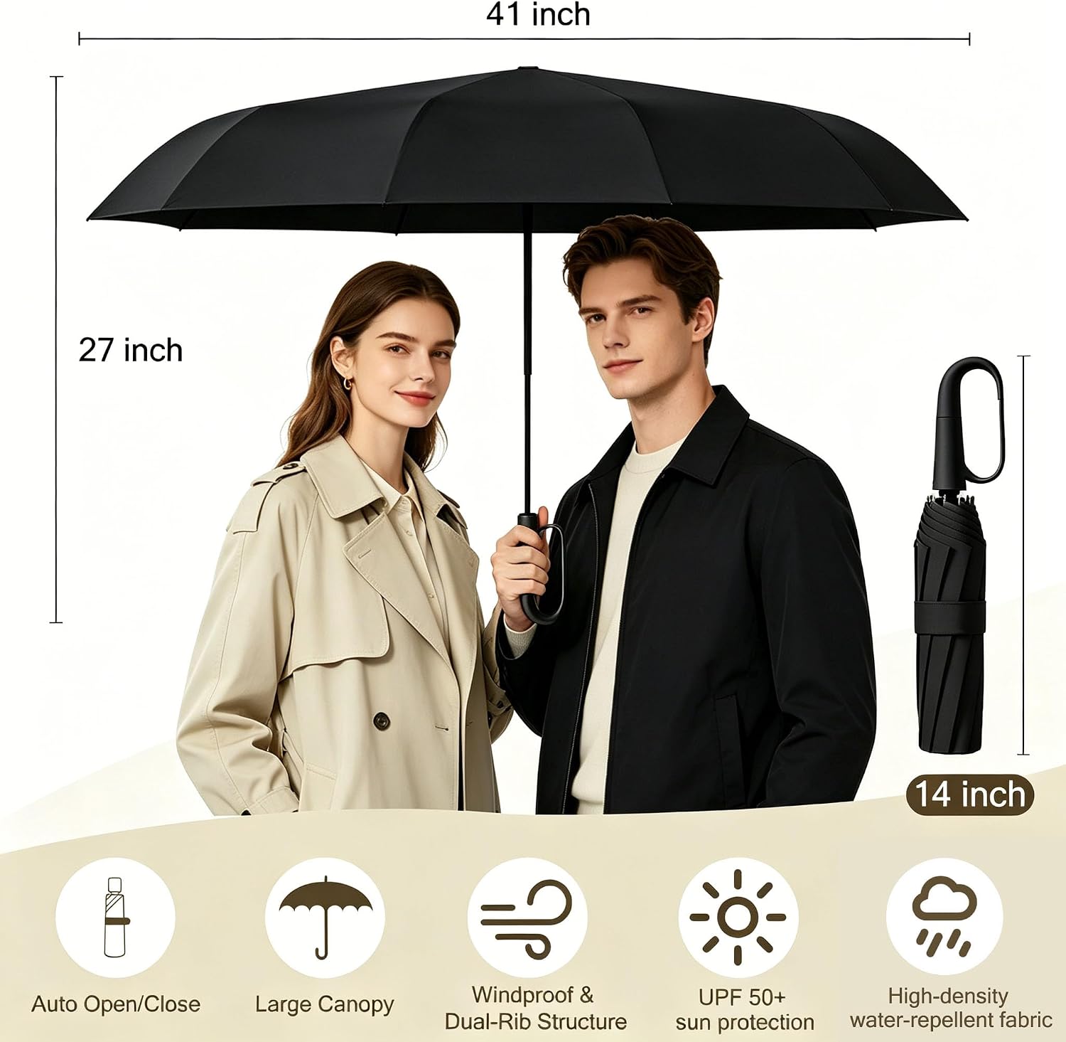 STARGAZ Inverted Umbrella with Carabiner Handle, Travel Umbrella Compact, Repel Windproof, Rain and UV Umbrellas, Folding Automatic Travel Umbrellas Fully Ring Buckle Hook, 10 Ribs Structure