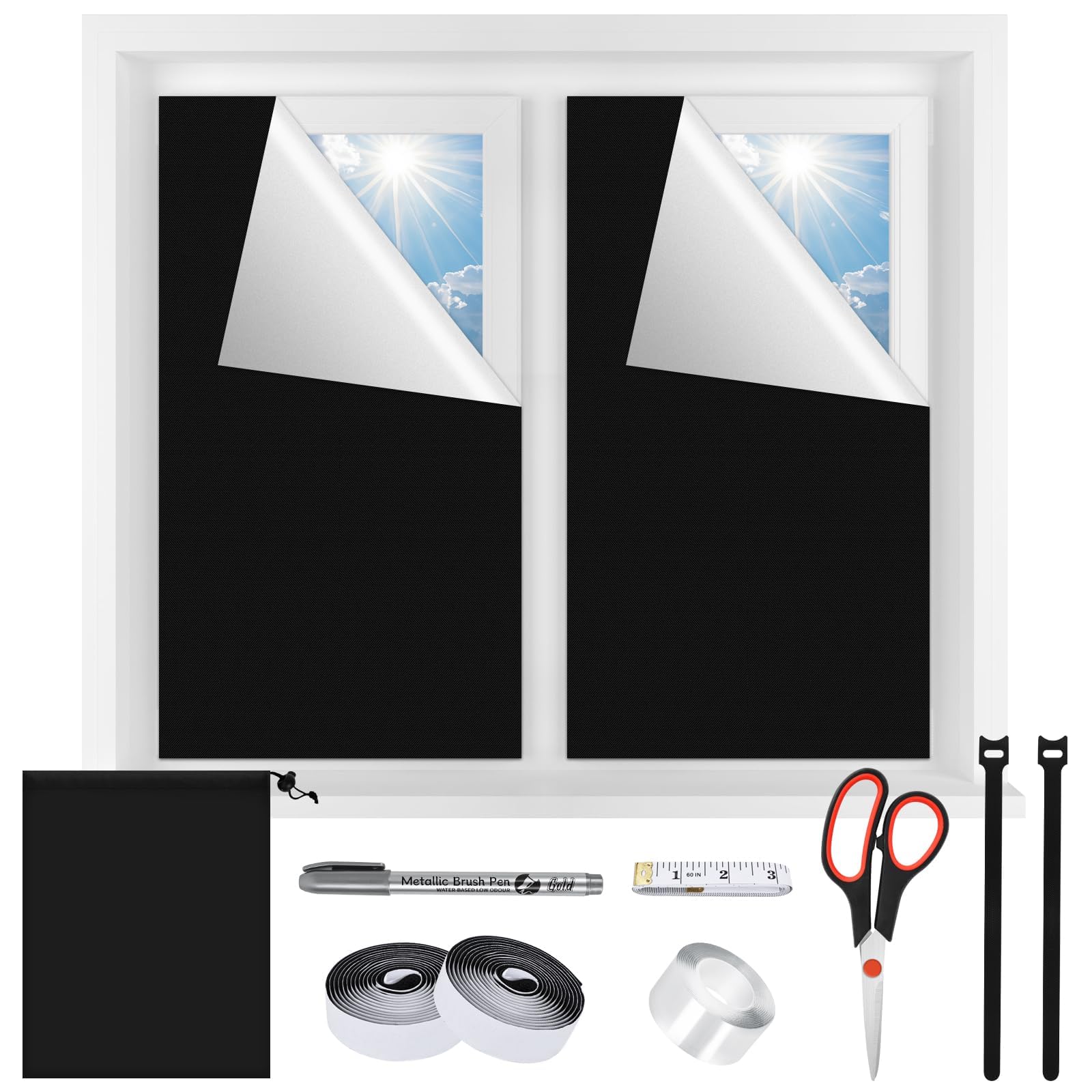 Goeveo 100% Blackout Blinds 300x145cm with Scissors, No Drill Black Out Blinds Stick On, Travel Blackout Blind, Portable Blackout Window Film for Temporary Fit Any Size for Bedroom Skylight