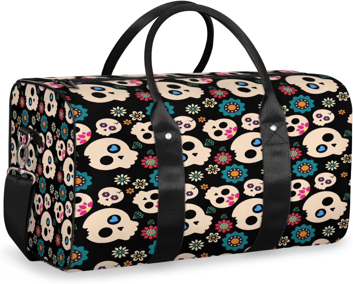 Cute Skulls Flowers Travel Duffel Bag for Women Men Large Capacity Overnight Weekender Bags for Lightweight Waterproof Sport Gym Bag for Workout Yoga Swim