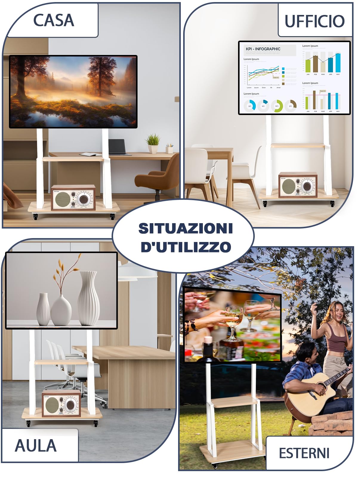 Supporto TV da pavimento da 32-75 Pollici, porta TV da terra mobile Compatibile don TV Piatti E Curvi Led/Lcd/Oled. Altezza Regolabile, con Base In Legno e Capacità di Carico Fino a 45 Kg. Bianco