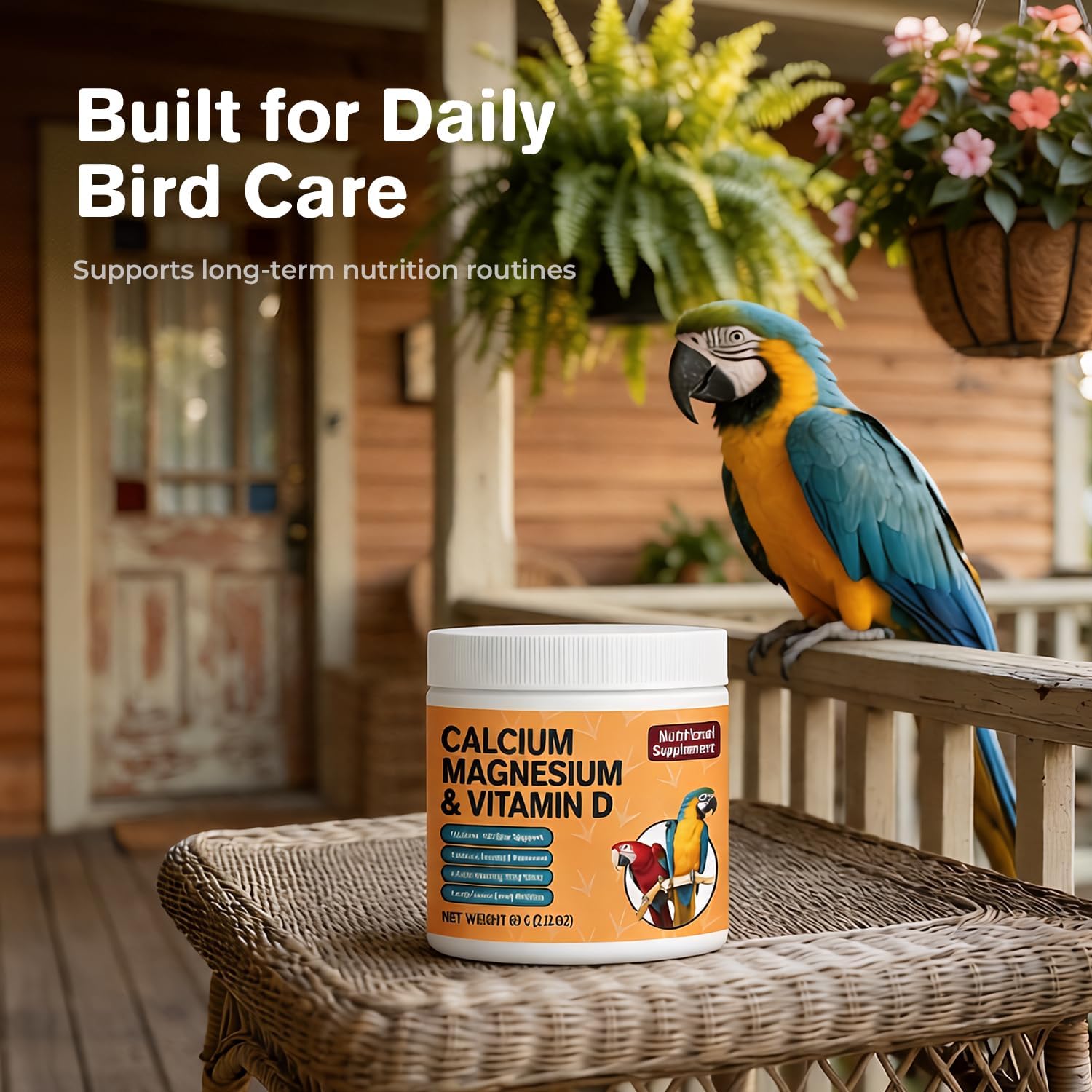Bird Calcium Supplement with Magnesium & Vitamin D3, Water-Soluble Powder for Bone, Feather & Eggshell Support, Easy-Mix Daily Nutrition for Parrots & Companion Birds, 60 g