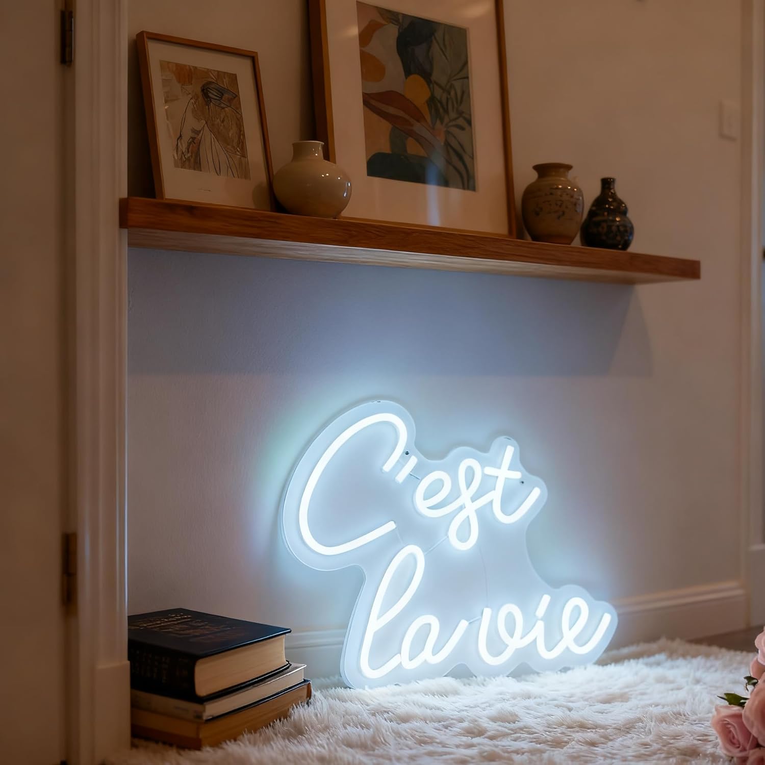 C'est la vie LED Neon Sign - White That's Life Neon Light, USB Powered Wall Table Decor for Bedroom Living Room Party Dorm, 12.99x 14.37 in