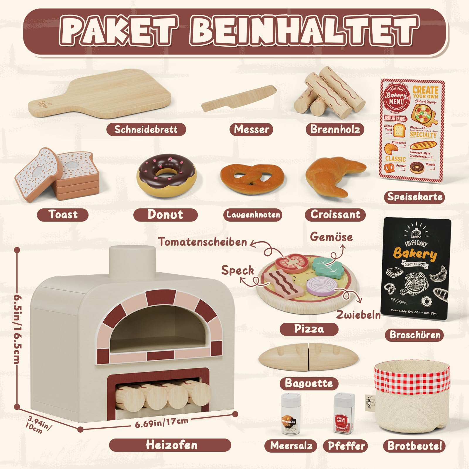 Lehoo Castle Kinderküche Zubehör Holz, Spielküche Zubehör, Pizza Kinderküche, Backset für Kinder, Rollenspiel-Geschenke Spielzeug ab 3 Jahre Mädchen