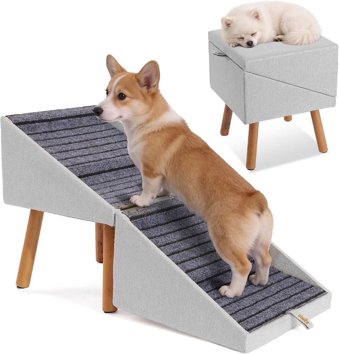 2-in-1 Dog Steps & Ottoman,17.13" H Dog ramp for Couch | Foldable Dog ramp for Small dogs, Non-Slip Wooden Pet ramp for Puppy Senior Injured Dogs (Light Grey)