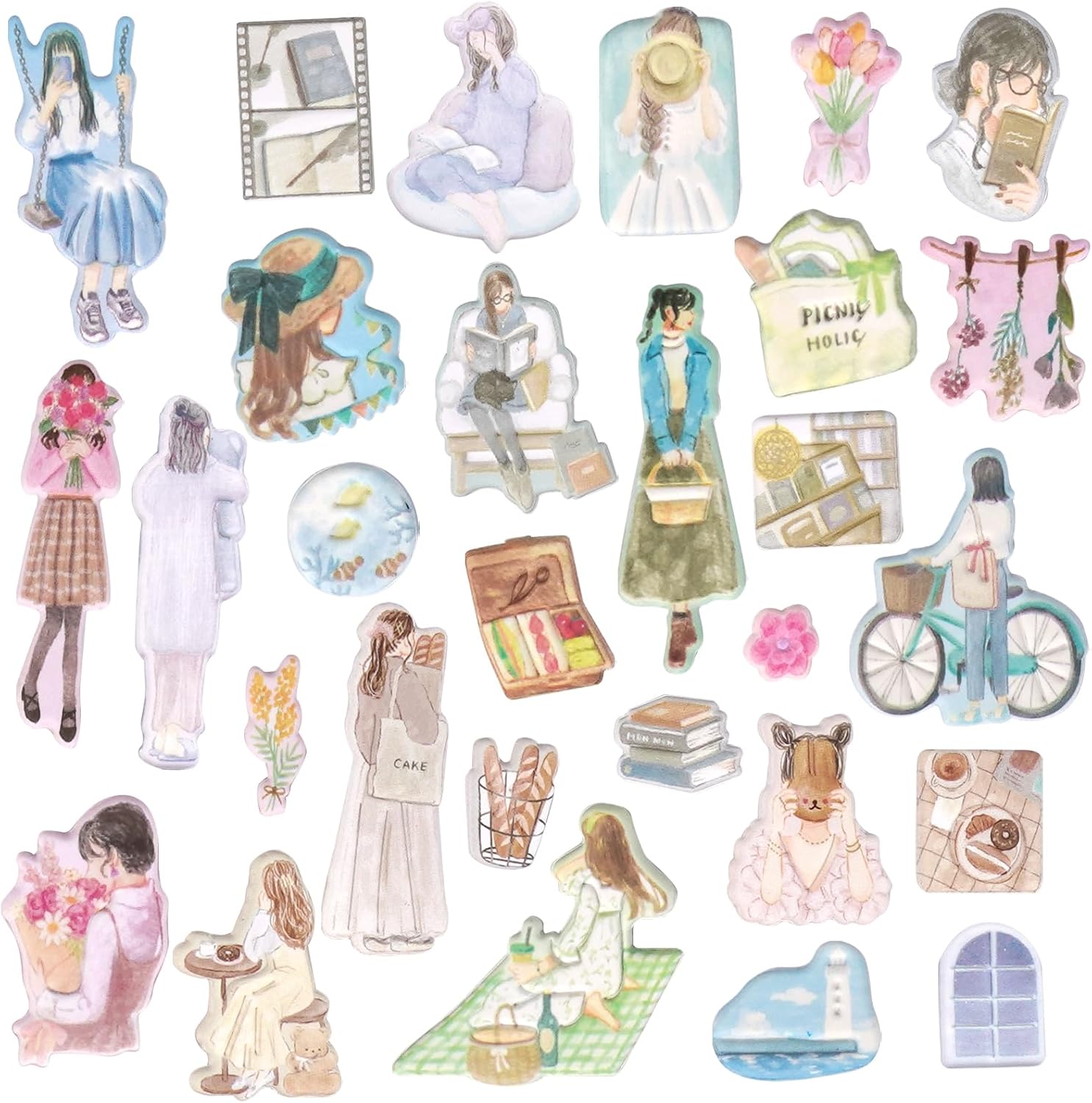 Retro Puffy Aesthetic Stickers for Kids Girls Adults - Cute 3D Japanese Stickers for Phone Case, Puff Flower, Makeups, Fashion, Food, Boho Pink Green Blue, Reusable Trendy Sticker - 6 Pack.