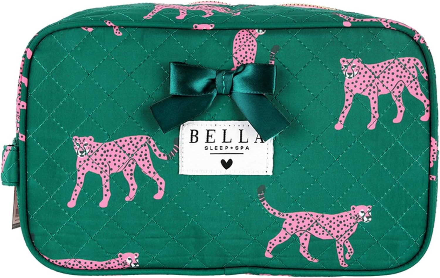 Bella Sleep + Spa Quilted Cosmetic Travel Bag, Large Toiletry Makeup Organizer with Zipper Closure, Water-Resistant Beauty Accessory Pouch, 10.75"x 6.5"x 5.75", Green + Cheetahs