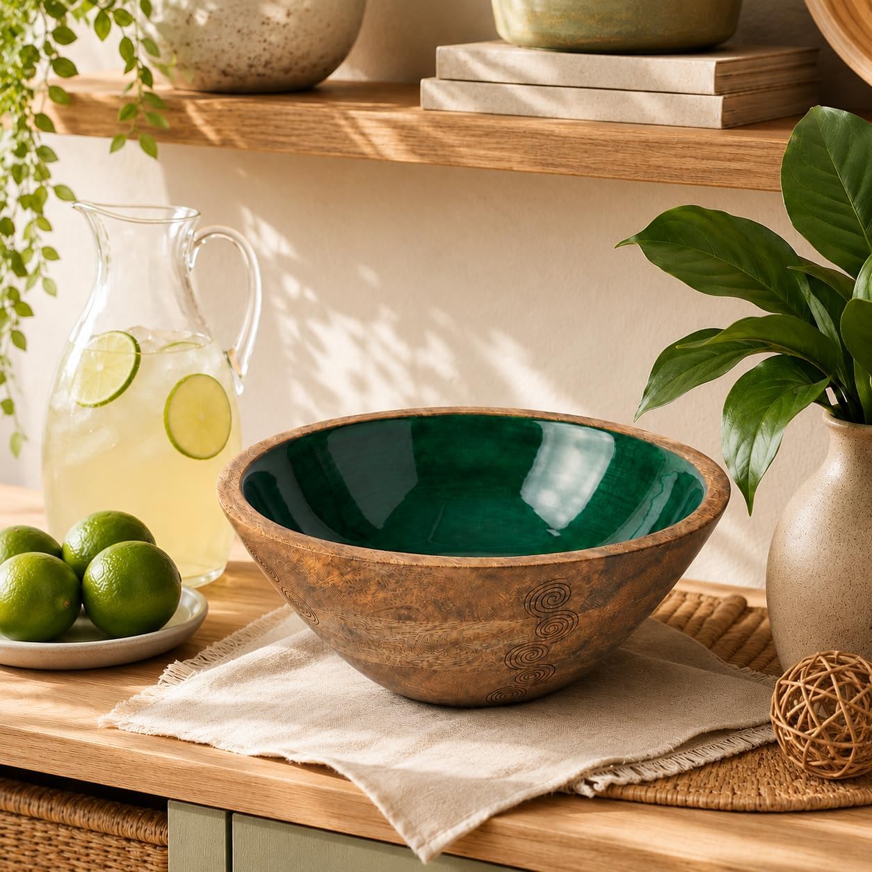 Mango Wood Decorative Bowl with Green Interior, Hand-Carved Wooden Centerpiece for Coffee Table, Entryway Table or Dining Room, Modern Fruit Bowl, Salad and Mixing Bowl