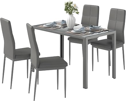 HOMCOM 5-Piece Kitchen Dining Table Set for Dining Room, 4 Chairs, Grey
